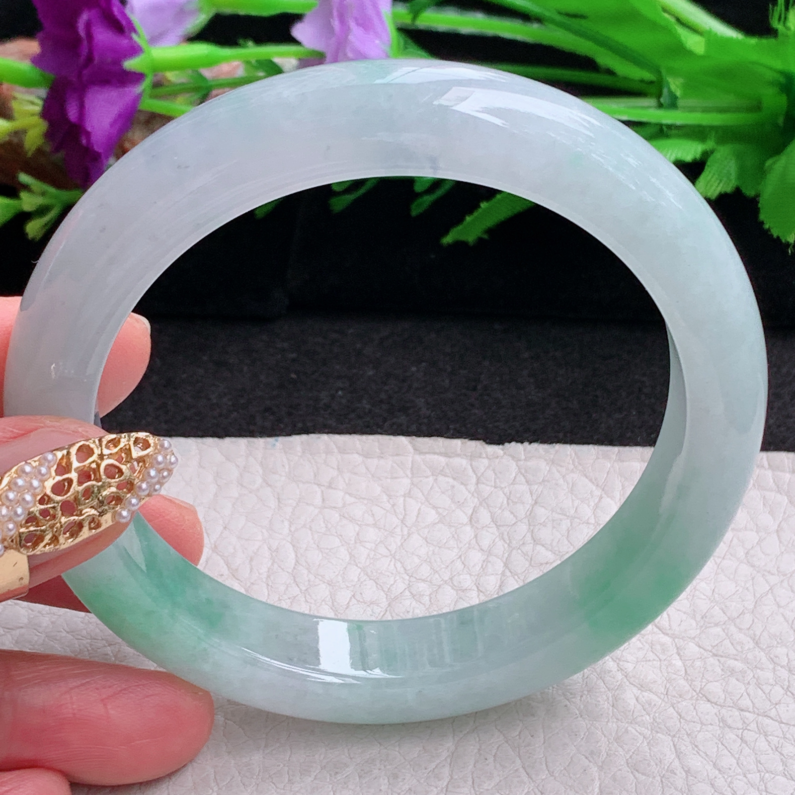 yh大圈口61.8*12.5*9.2平安镯 缅甸翡翠a货手镯冰飘绿正圈玉镯子