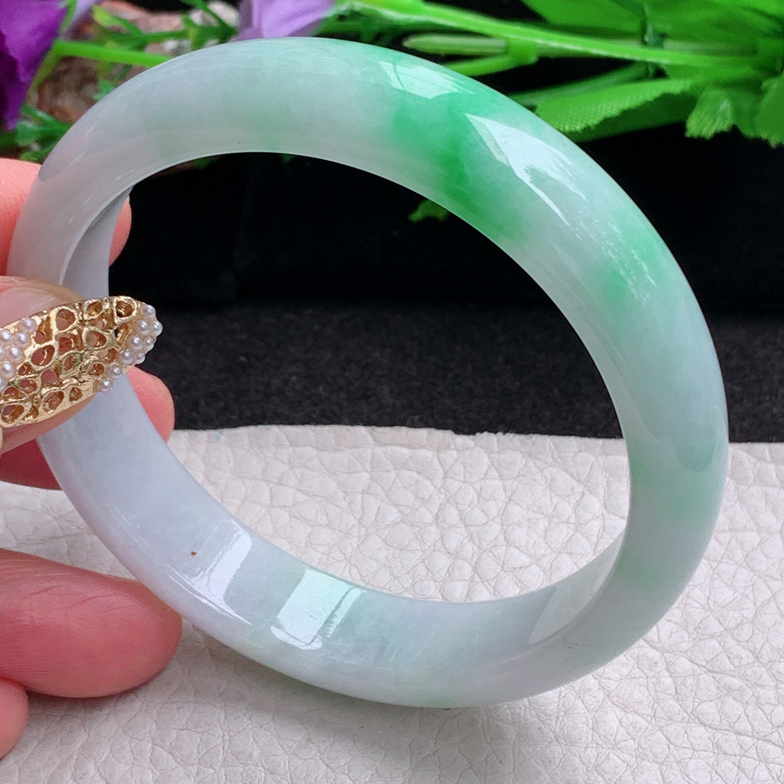 yh白底青58.5*12.3*9.6平安镯 缅甸翡翠a货手镯飘阳绿正圈玉镯子