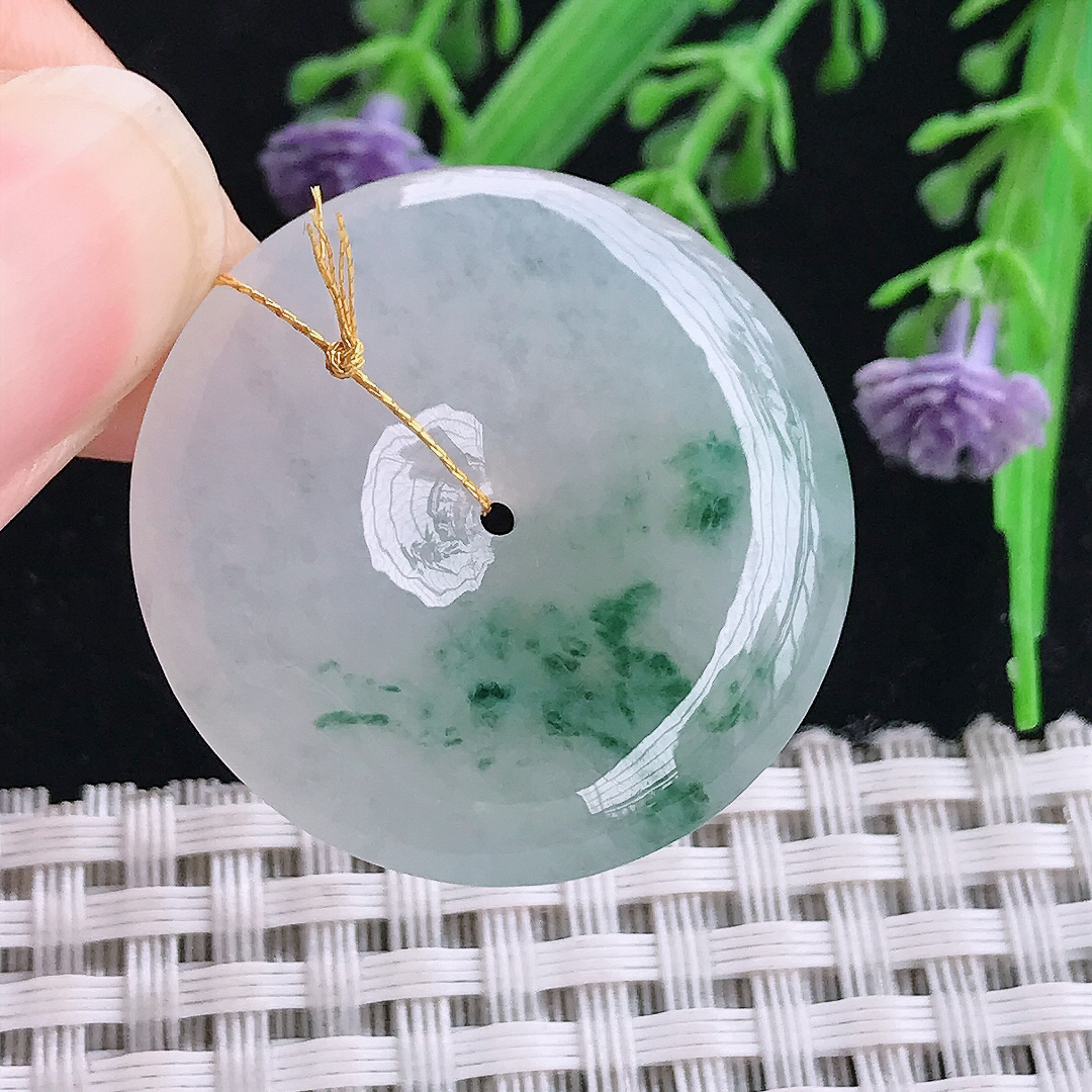 实拍A货翡翠30.5/5.7老坑冰胶水灵冰飘花平安扣吊坠翡翠玉坠挂件