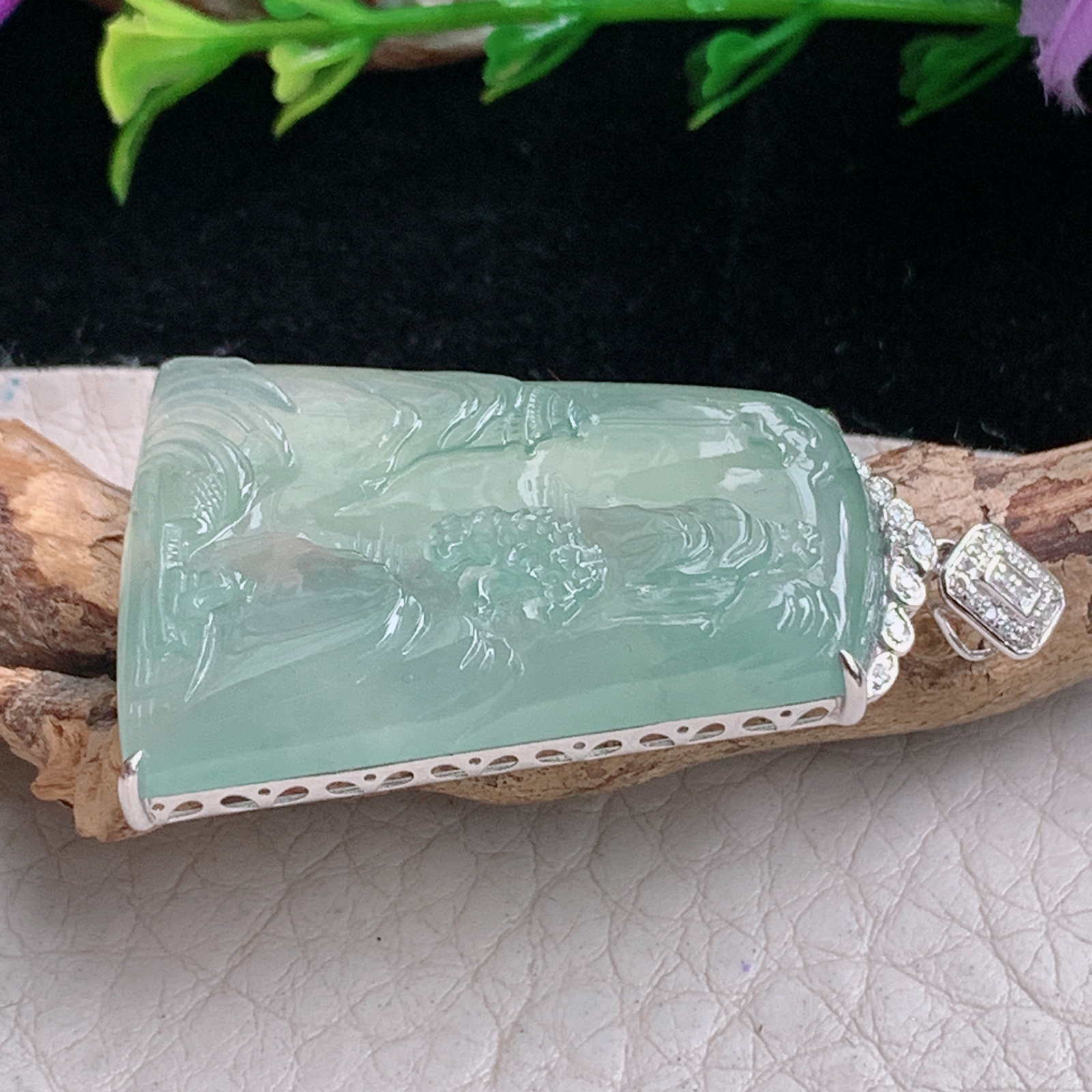 axm实拍33.8*24.6*6.3缅甸翡翠冰晴山水 大好河山玉吊坠 玉挂件