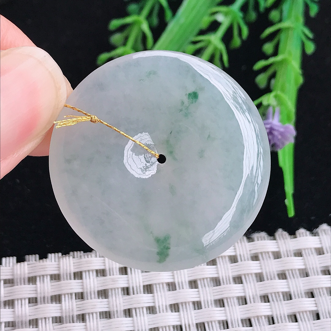 实拍A货翡翠34.5/5.8老坑冰透起胶冰飘花平安扣吊坠翡翠玉扣挂件