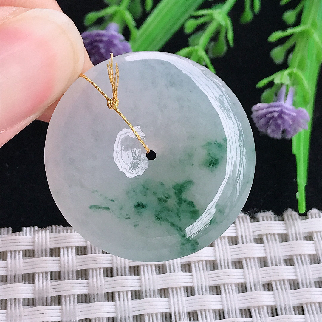 实拍A货翡翠30.5/5.7老坑冰胶水灵冰飘花平安扣吊坠翡翠玉坠挂件