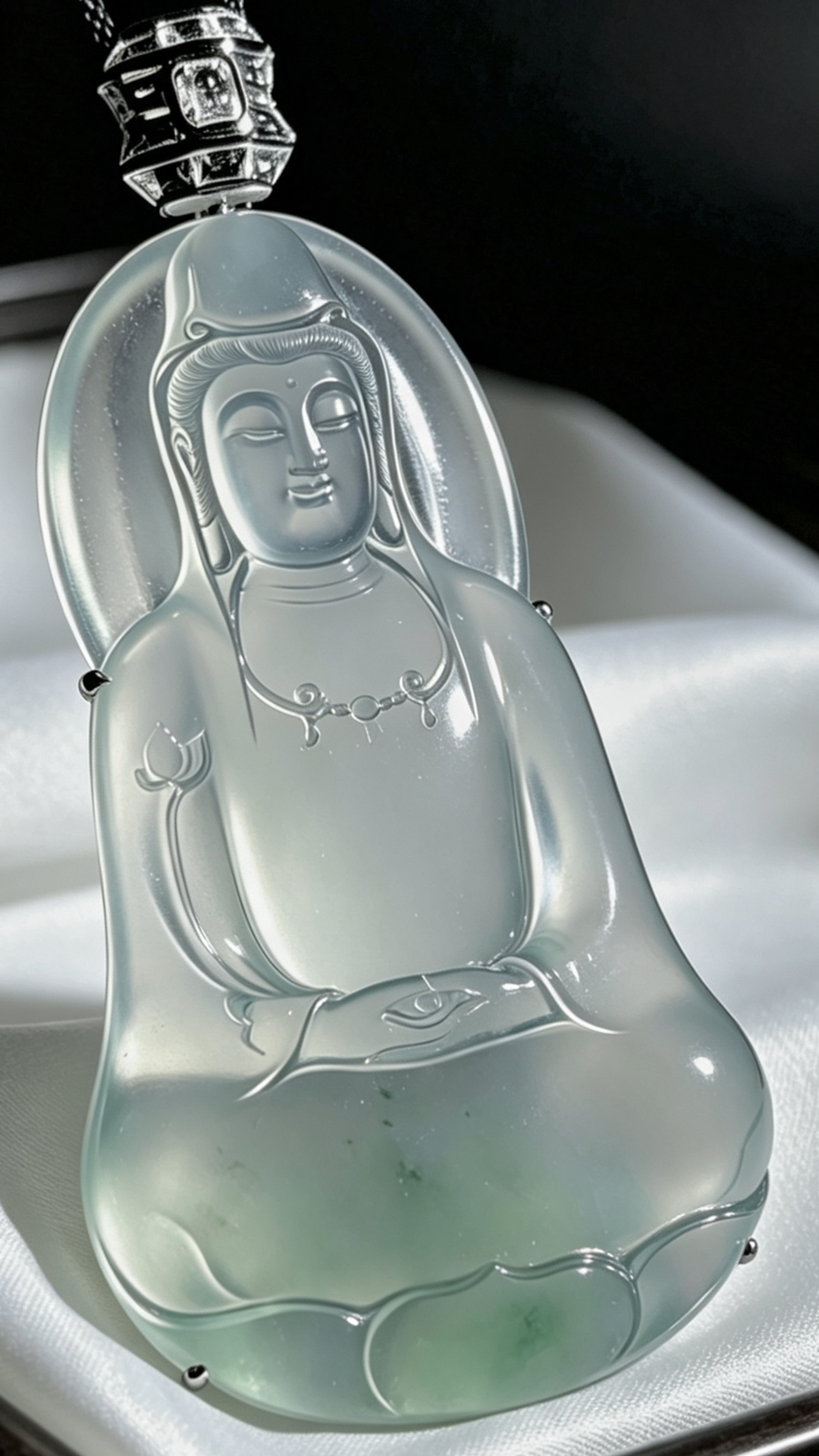 【莲心无尘·观自在·观音菩萨】
裸石77-44.2-6mm，
整体88-44-8mm，43.69g，
18K金，南非钻，