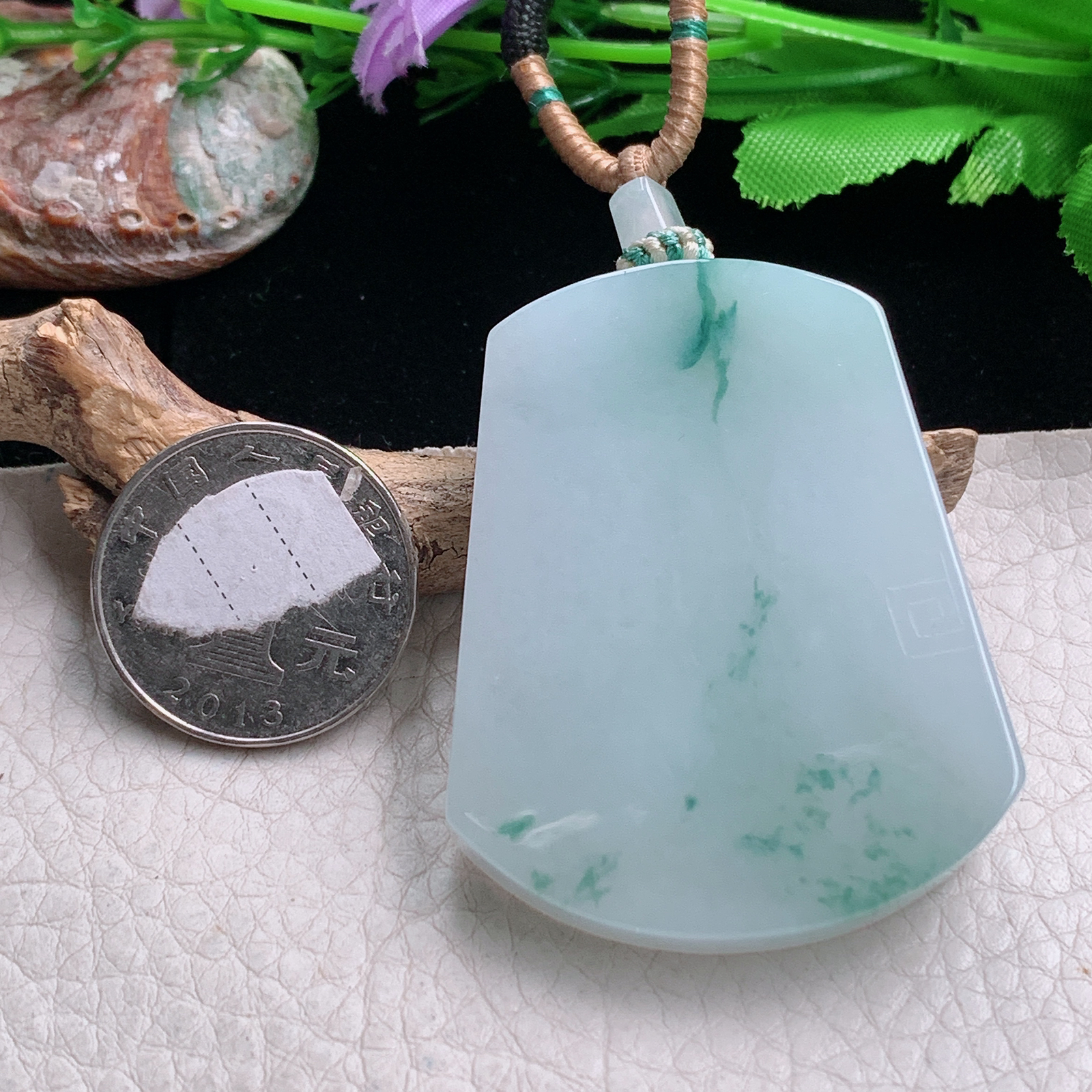 yl实拍51.5*40.6*8缅甸翡翠冰飘花平安无事牌 素面牌玉吊坠 玉挂件