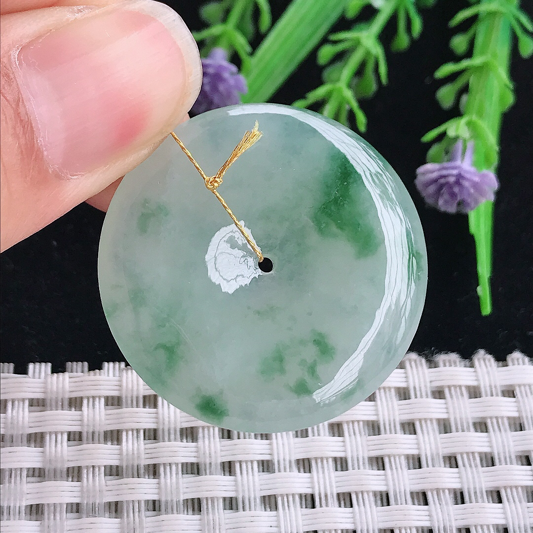 实拍A货翡翠33.2/5.5老坑冰胶水灵飘花平安扣吊坠翡翠玉坠挂件