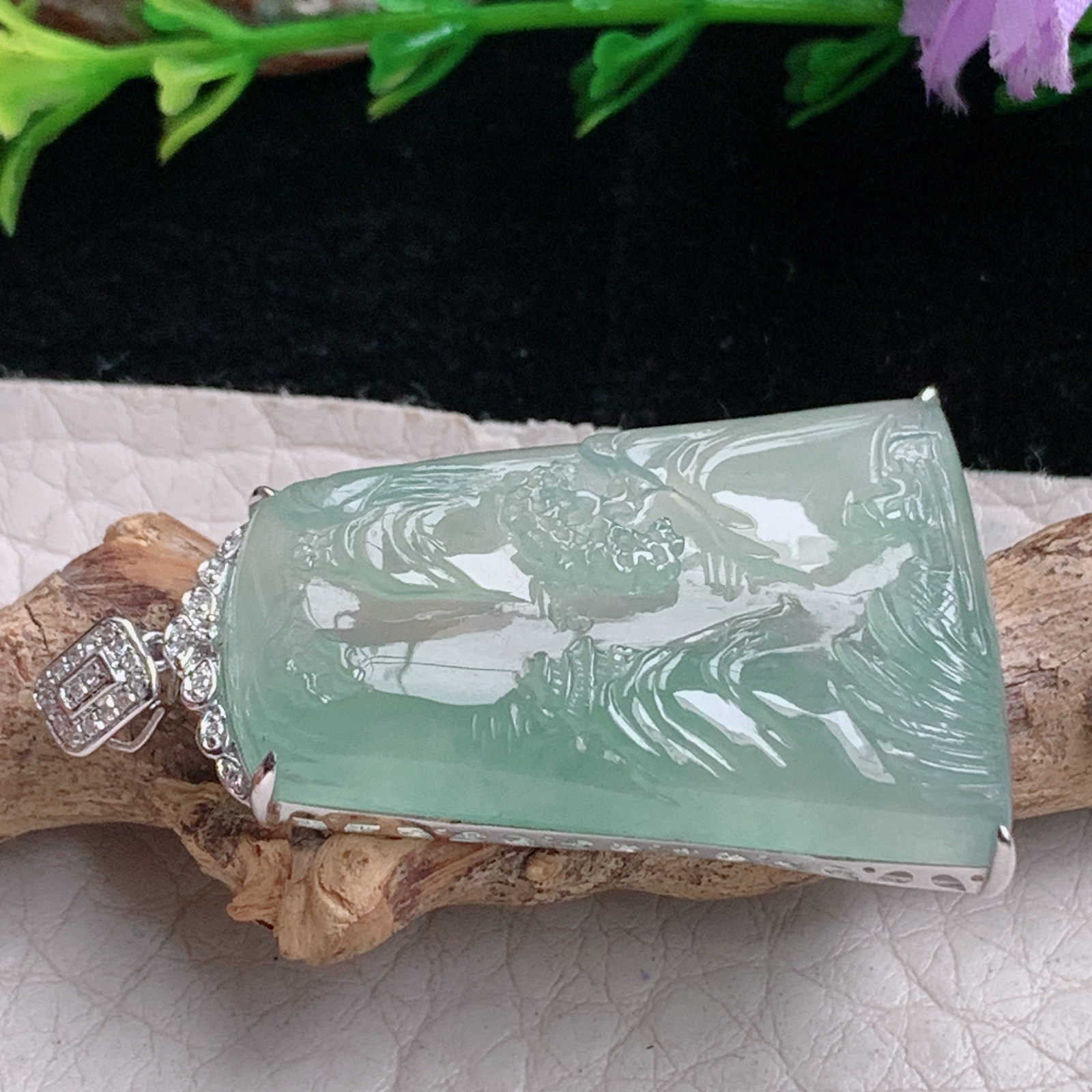 axm实拍33.8*24.6*6.3缅甸翡翠冰晴山水 大好河山玉吊坠 玉挂件