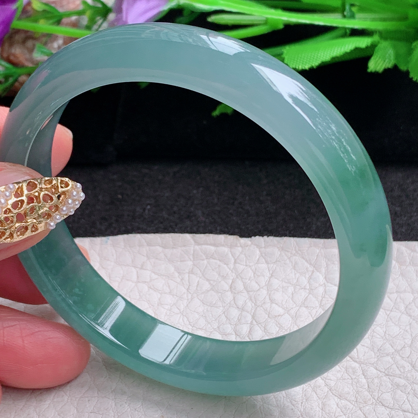 yh实拍57*11.8*7平安镯 天然翡翠a货手镯冰蓝正圈玉镯子