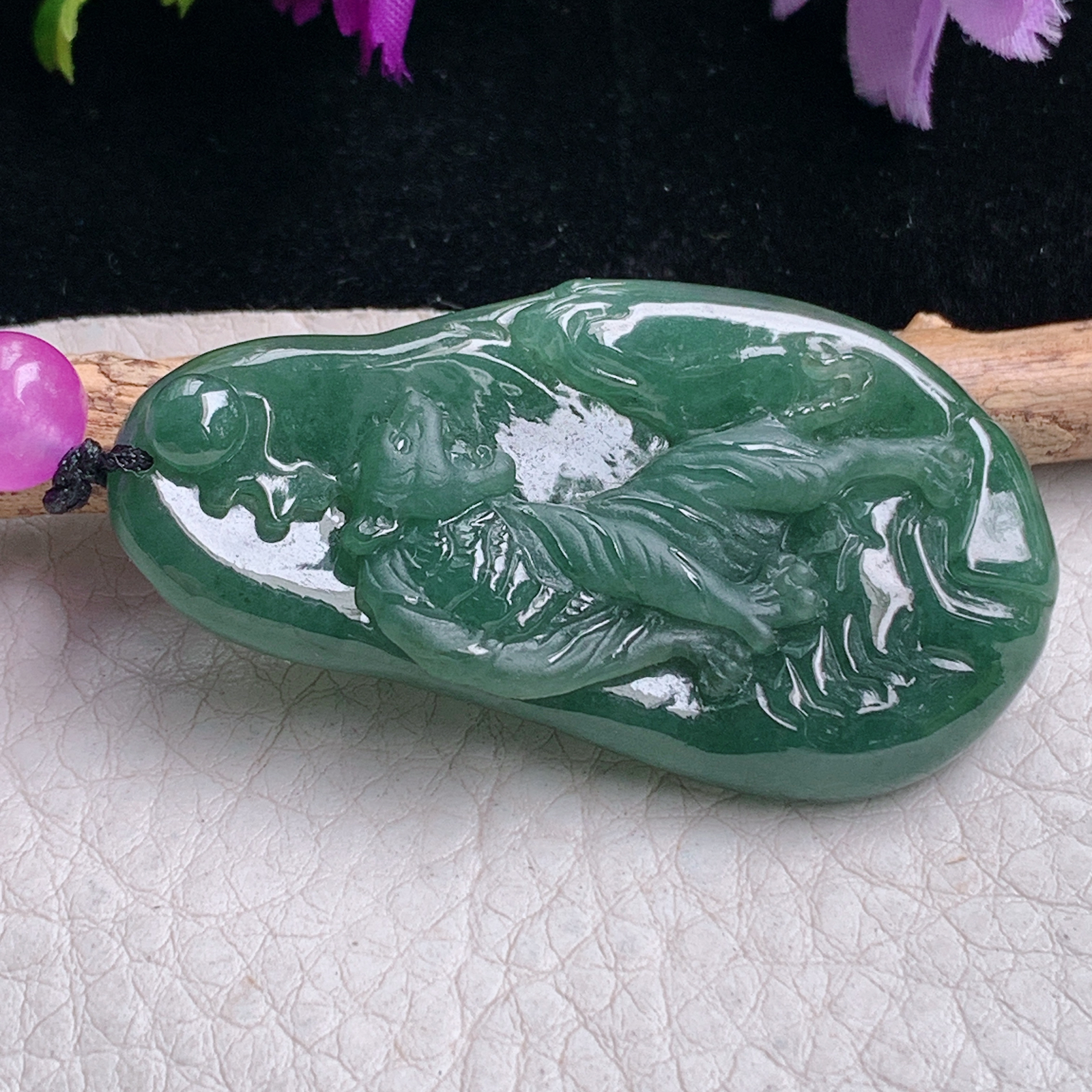 t实拍50.3*27.3*6.2缅甸翡翠A货精雕冰油绿上山虎 生肖虎玉吊坠 玉挂件