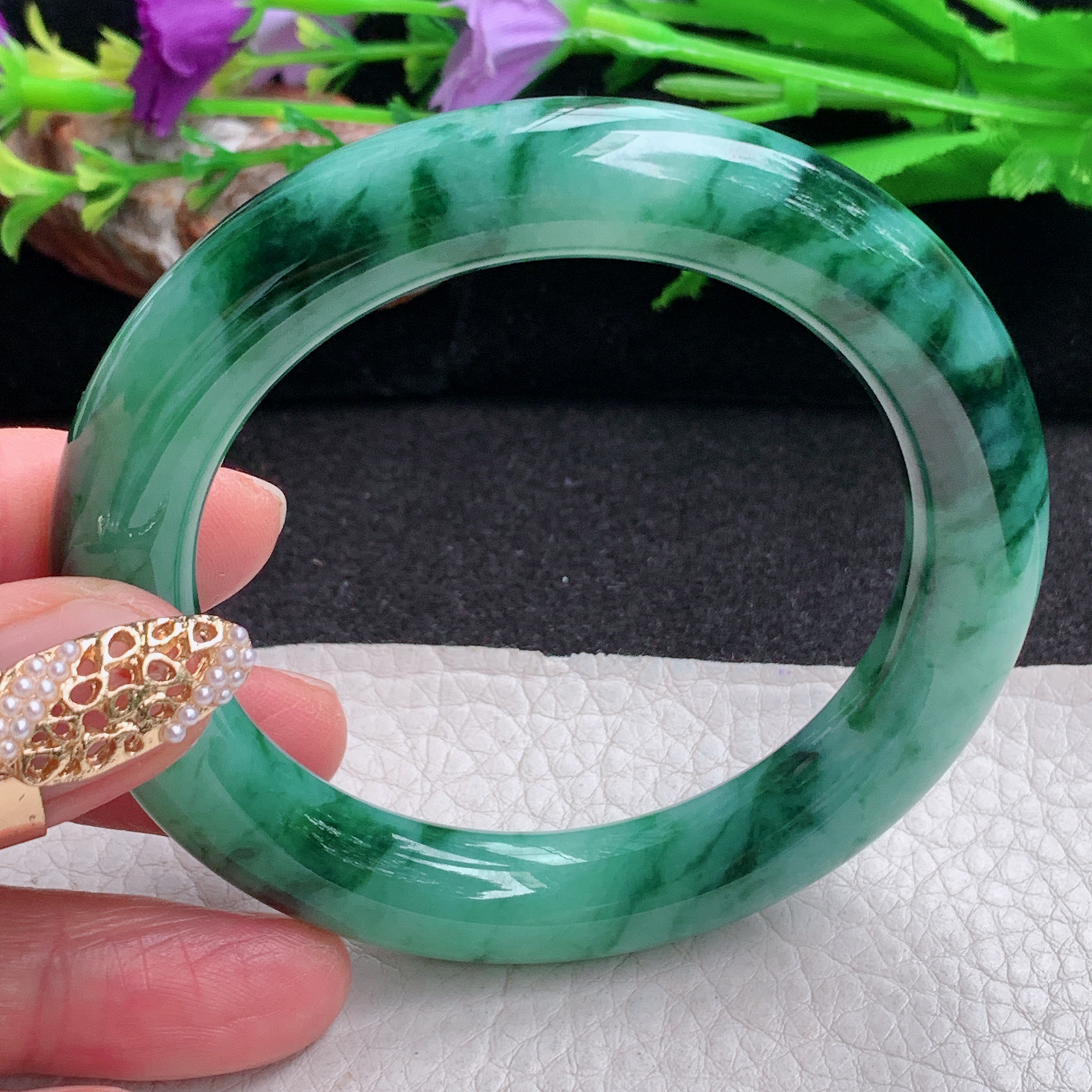 ss自然光54.6*10.8美人镯 缅甸翡翠a货手镯飘花女款圆条玉镯子