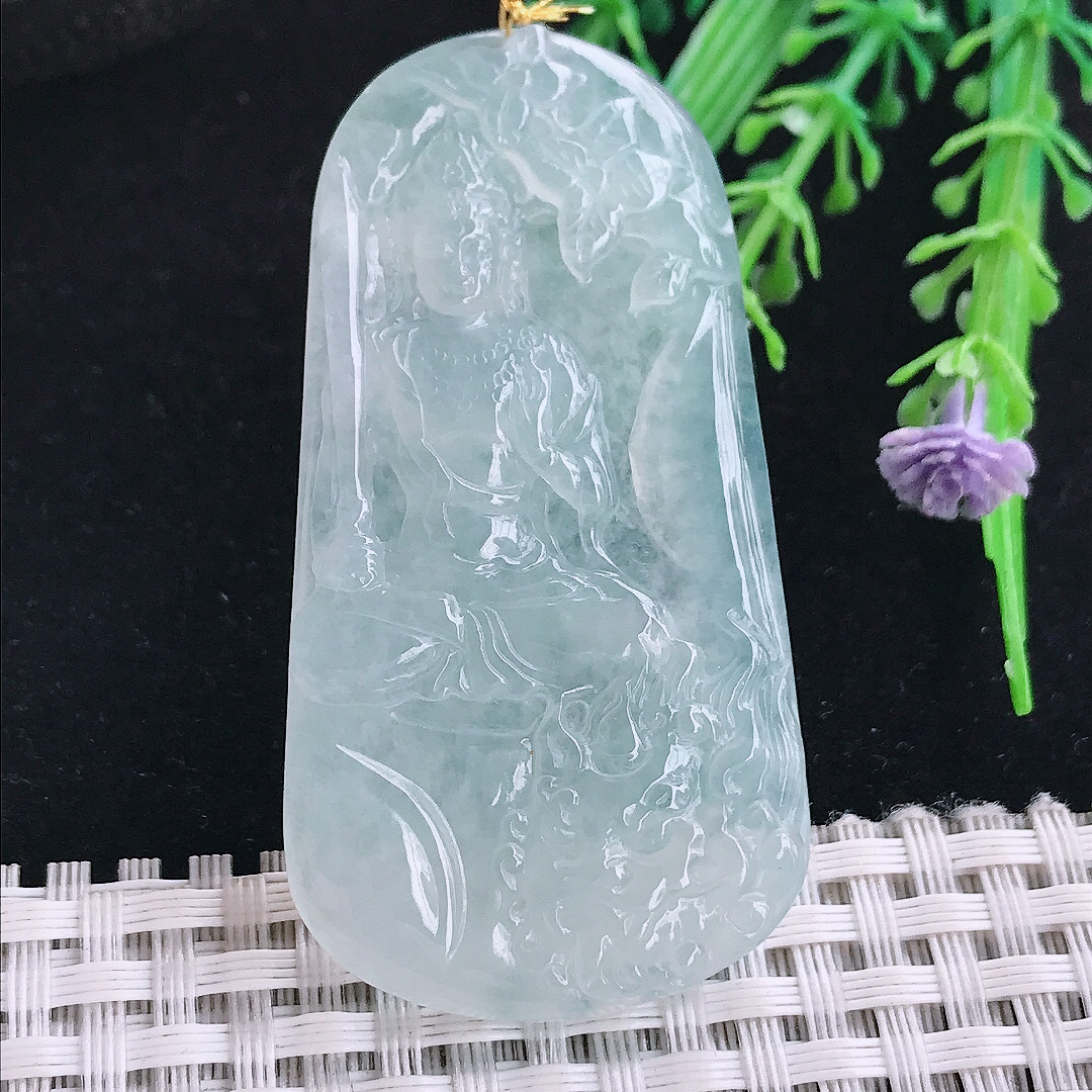 实拍A货翡翠57.2/30.3/5.2老坑冰胶果冻冰晴文殊菩萨吊坠翡翠玉坠挂件