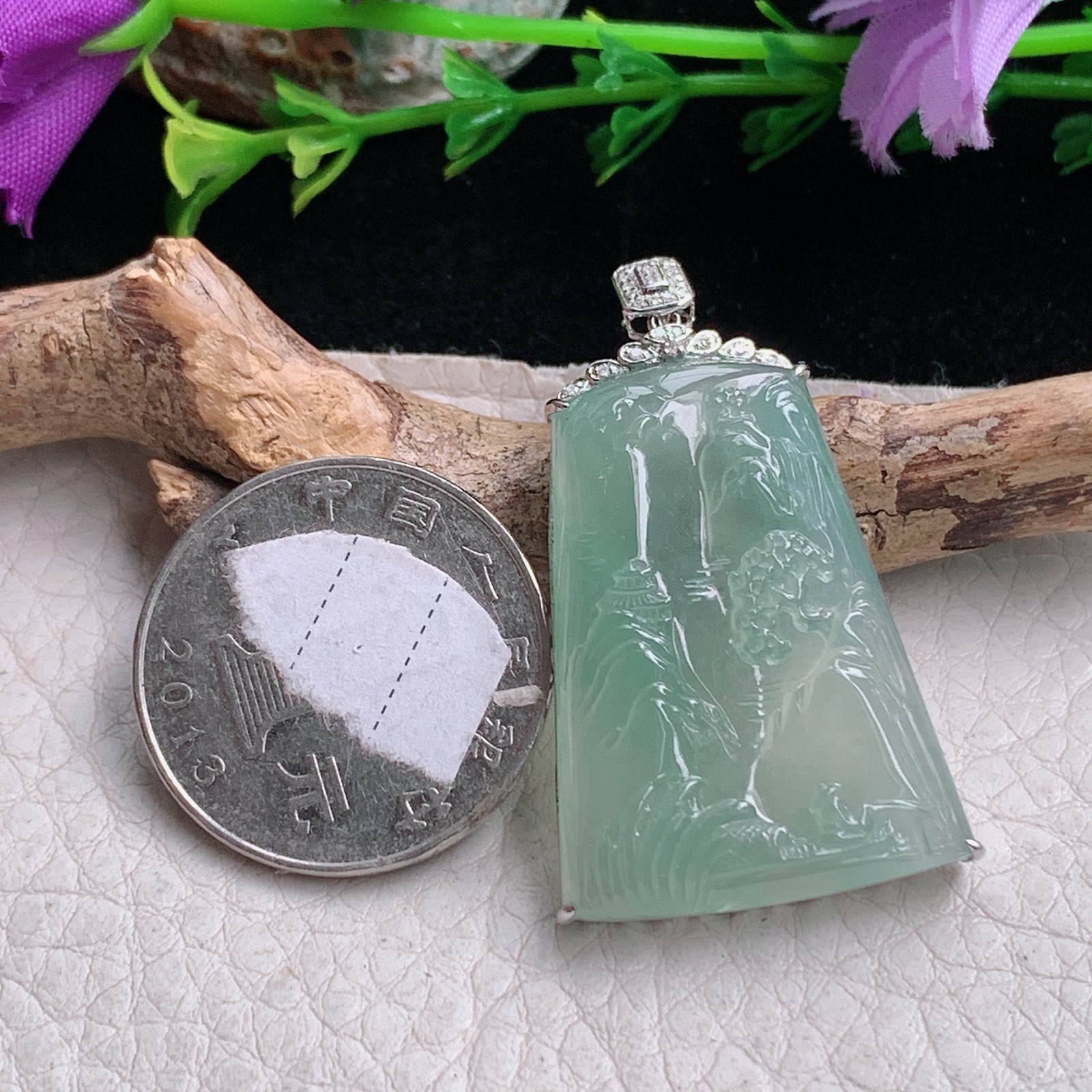 axm实拍33.8*24.6*6.3缅甸翡翠冰晴山水 大好河山玉吊坠 玉挂件