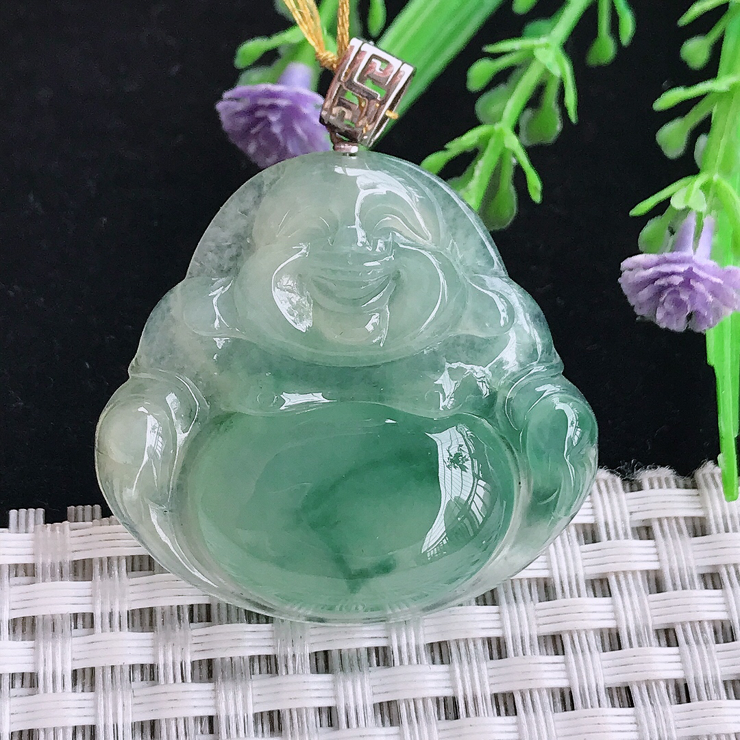 实拍A货翡翠34/36/7老坑18k金镶嵌冰飘花佛公吊坠翡翠玉坠挂件
