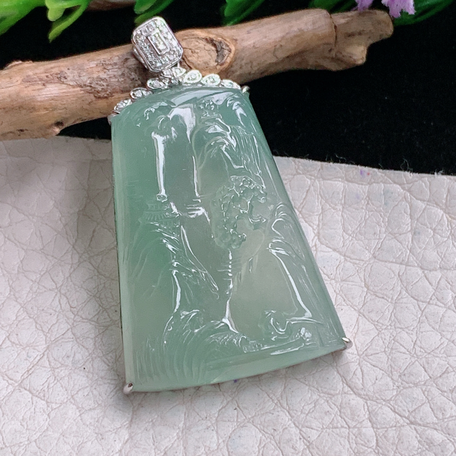 axm实拍33.8*24.6*6.3缅甸翡翠冰晴山水 大好河山玉吊坠 玉挂件