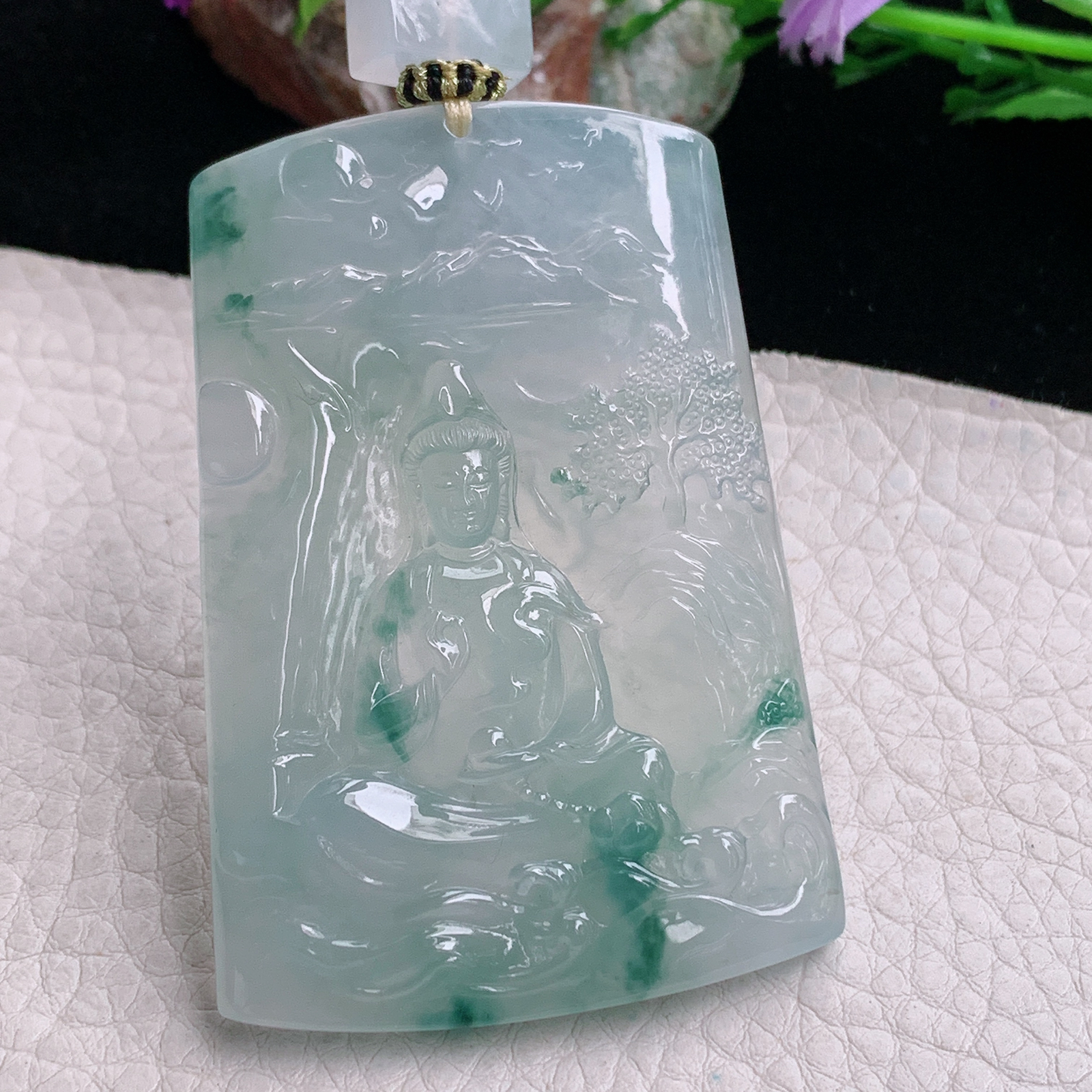 yl实拍64*43.8*5.6缅甸翡翠冰种飘花山水观音 玉观音玉吊坠 玉挂件