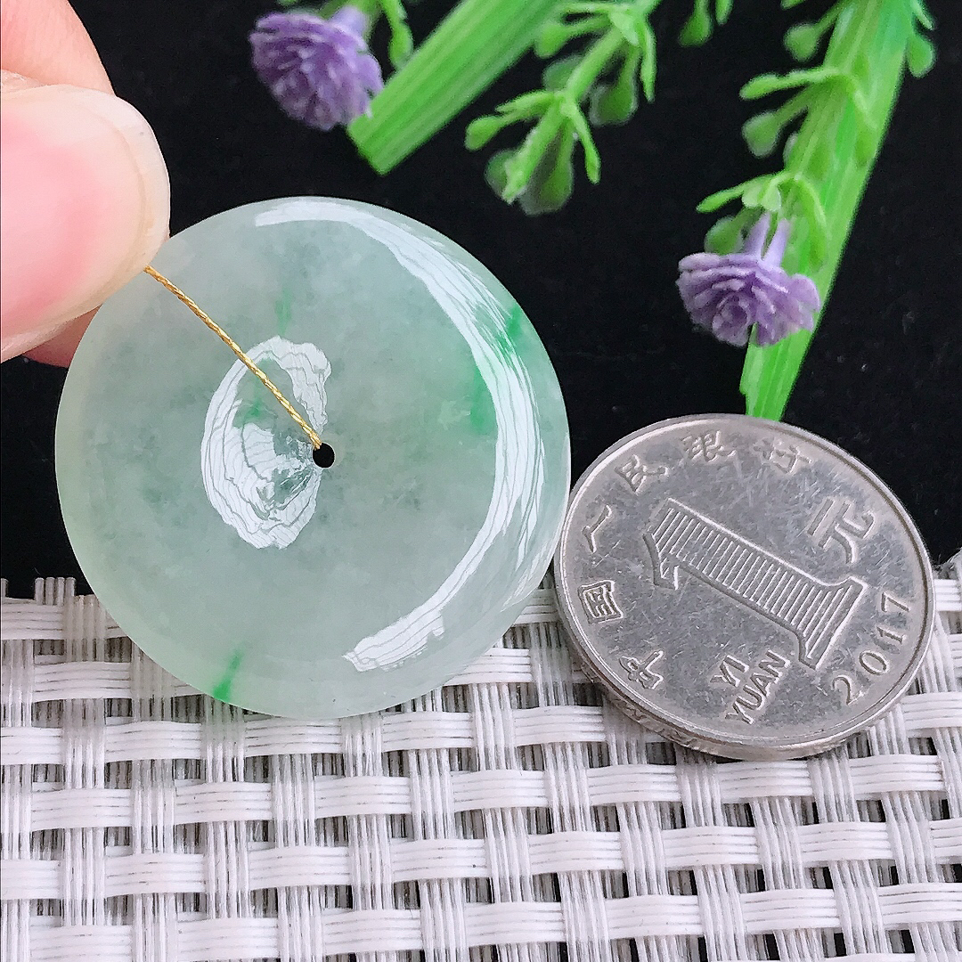 实拍A货翡翠31.9/6老坑冰胶果冻冰晴飘绿平安扣吊坠翡翠玉扣挂件