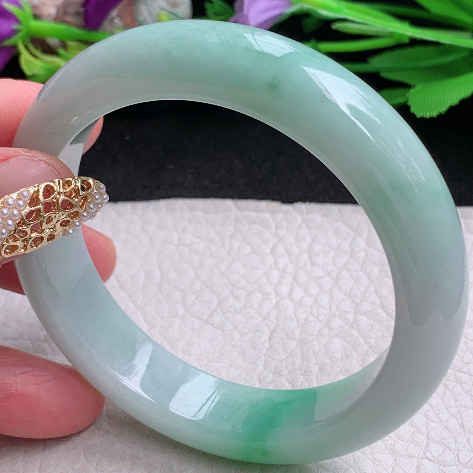 nr实拍57.85*13.8*9平安镯 缅甸翡翠a货手镯飘绿厚装正圈玉镯子