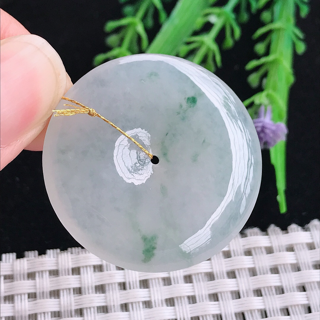 实拍A货翡翠34.5/5.8老坑冰透起胶冰飘花平安扣吊坠翡翠玉扣挂件