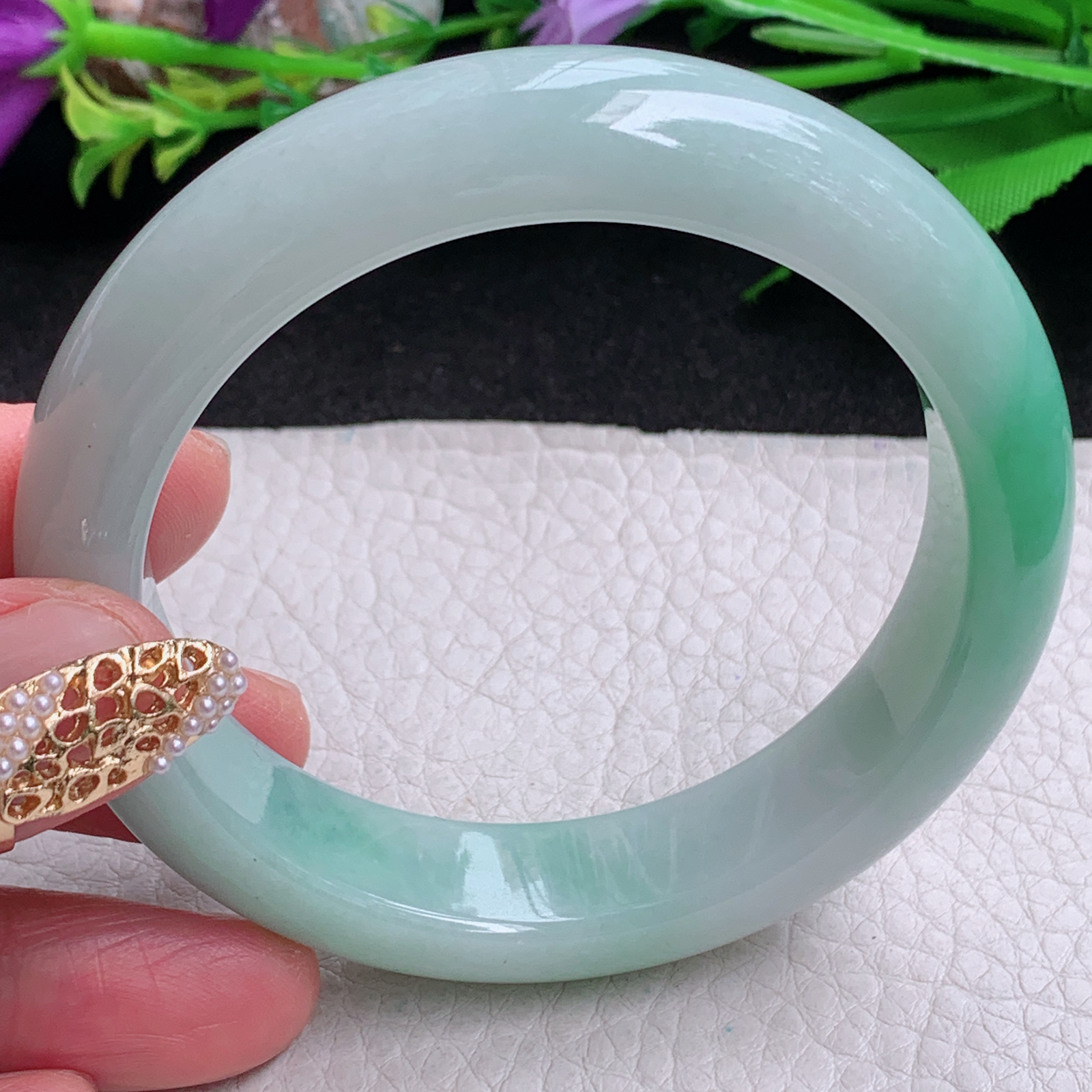 nr实拍57.85*13.8*9平安镯 缅甸翡翠a货手镯飘绿厚装正圈玉镯子