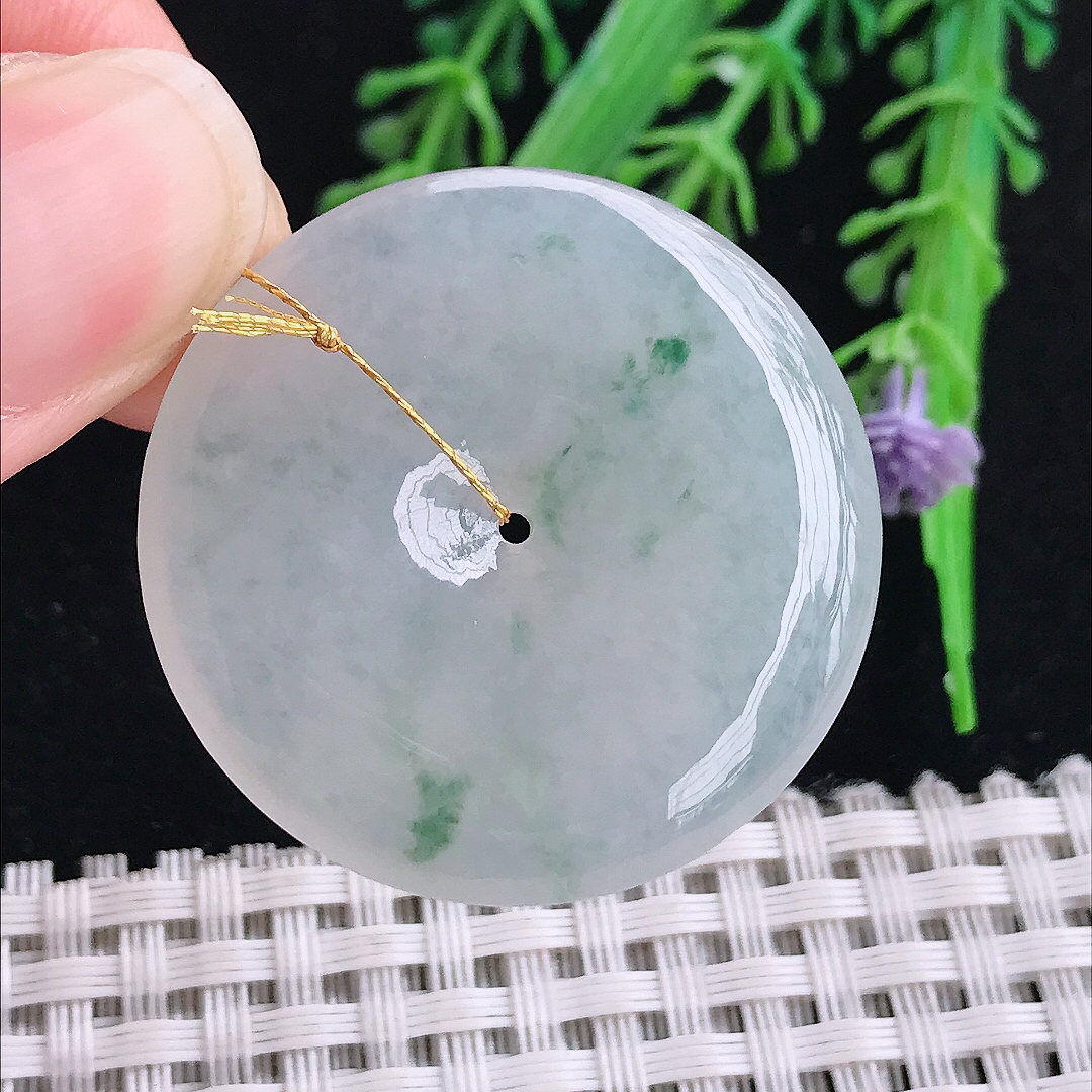 实拍A货翡翠34.5/5.8老坑冰透起胶冰飘花平安扣吊坠翡翠玉扣挂件