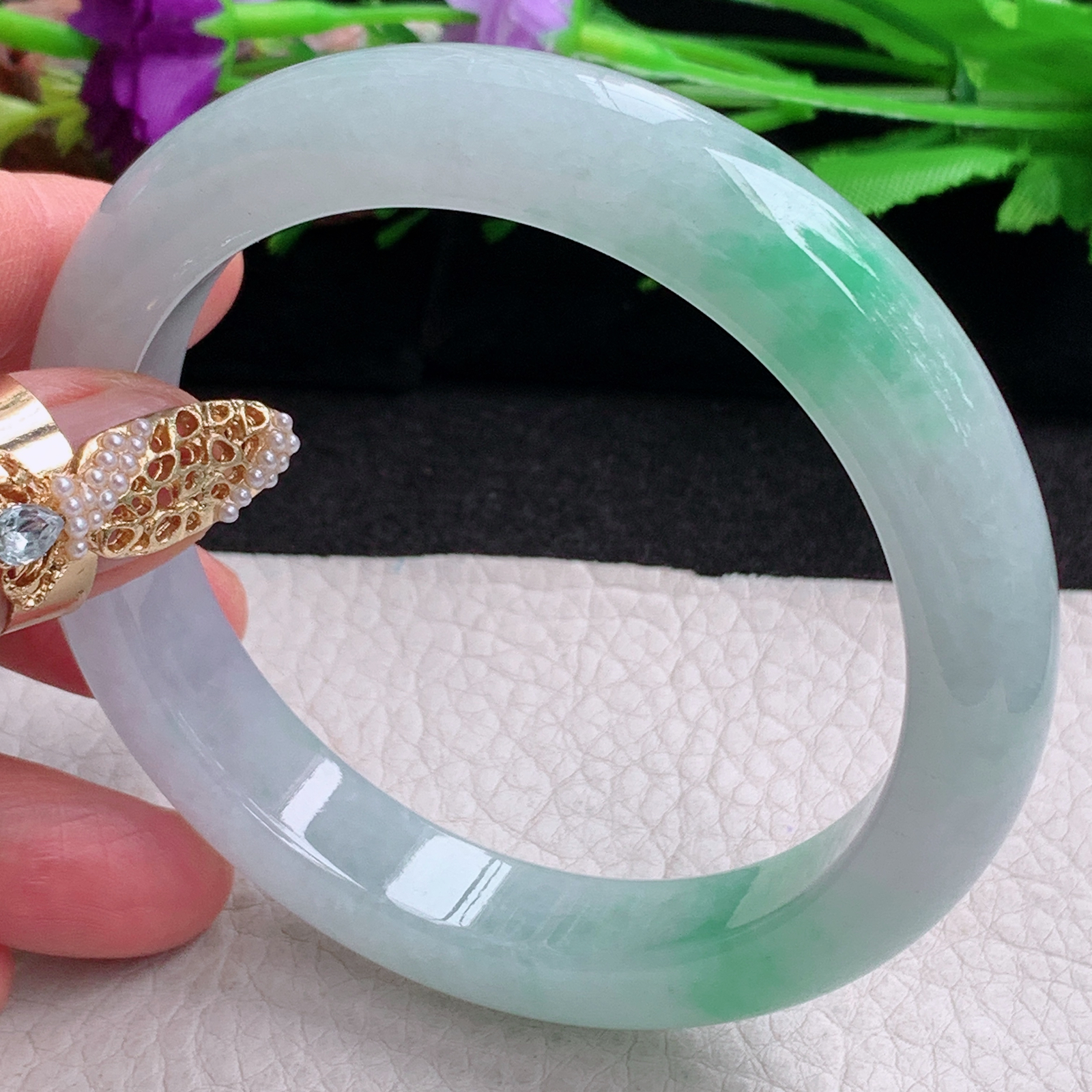 yh大圈口61.8*12.5*9.2平安镯 缅甸翡翠a货手镯冰飘绿正圈玉镯子