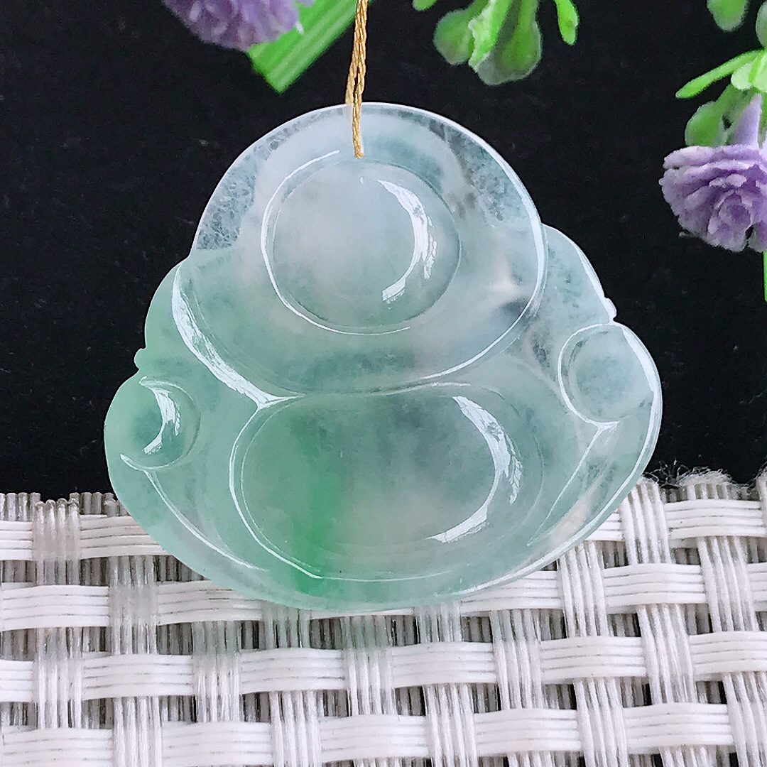 实拍A货翡翠27.6/30.6/5.5老坑冰胶飘绿佛公吊坠翡翠玉坠挂件