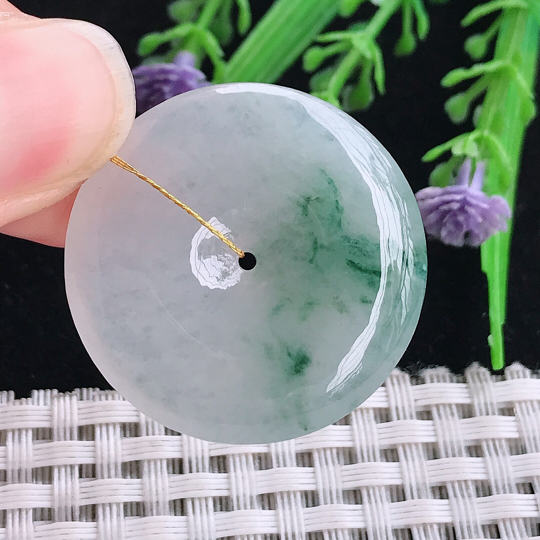 实拍A货翡翠30.5/5.7老坑冰胶水灵冰飘花平安扣吊坠翡翠玉坠挂件