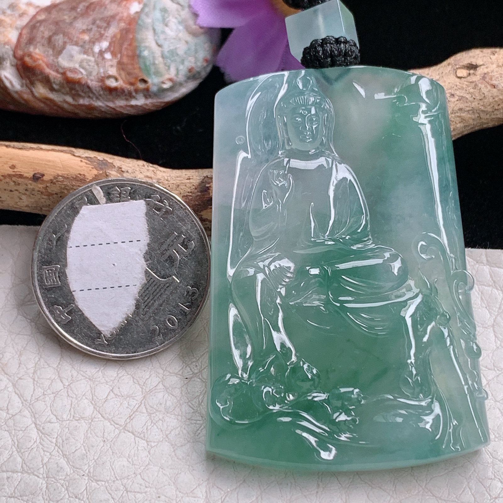 yl实拍55*36.2*6.2缅甸翡翠糯雕冰飘花玉观音玉吊坠 玉挂件