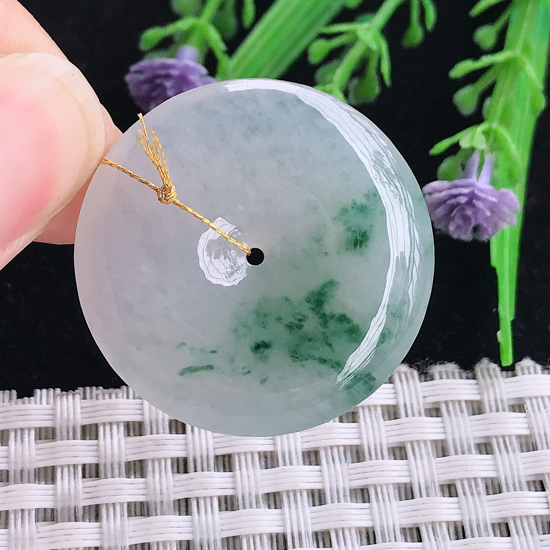 实拍A货翡翠30.5/5.7老坑冰胶水灵冰飘花平安扣吊坠翡翠玉坠挂件