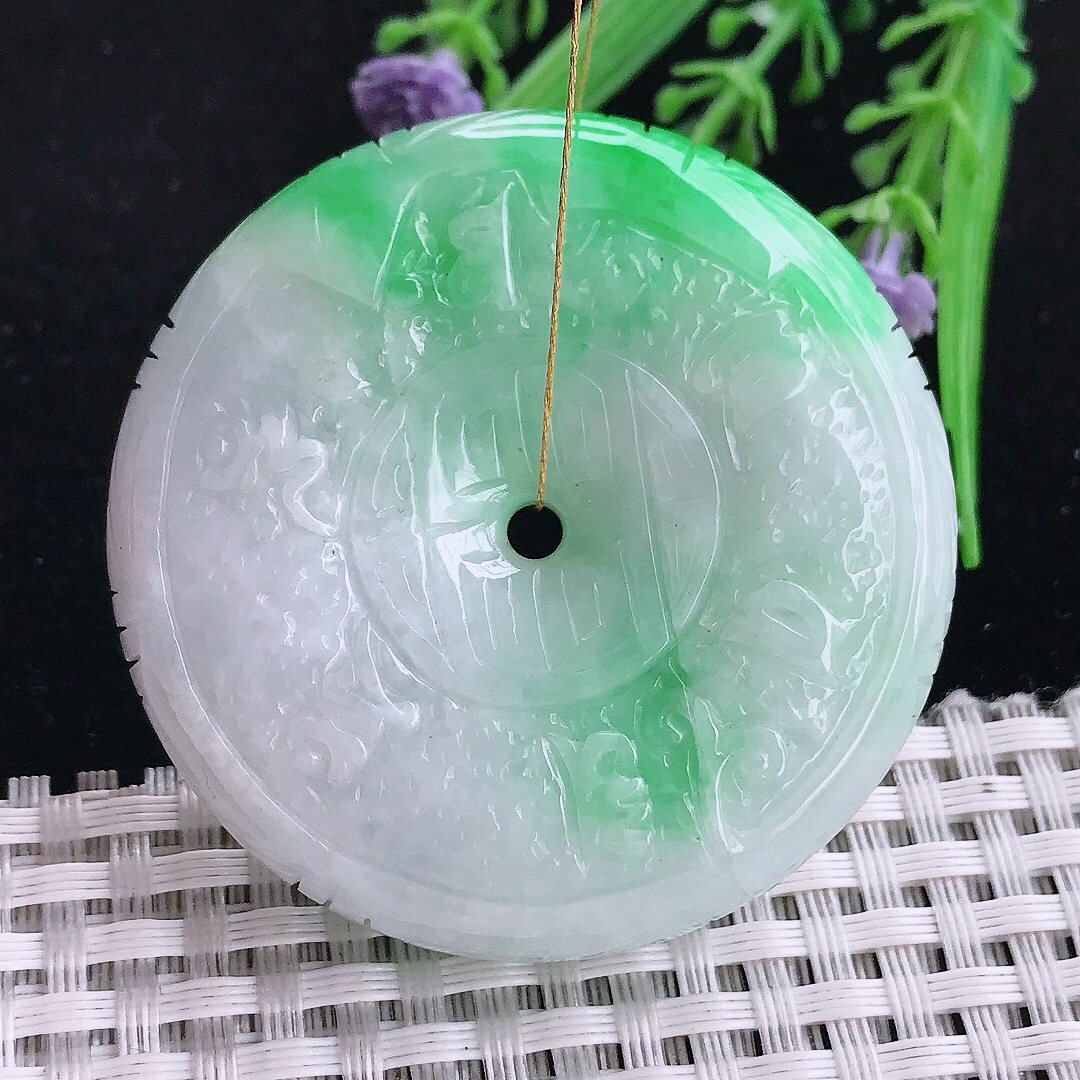 实拍A货翡翠50.3/12.5老坑精美温润飘阳绿仿古平安扣吊坠翡翠玉坠挂件