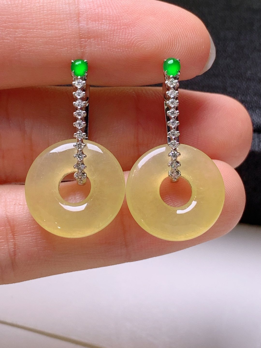 ️ 冰黄翡甜甜圈耳坠，无裂色正，裸石15.5-3.1