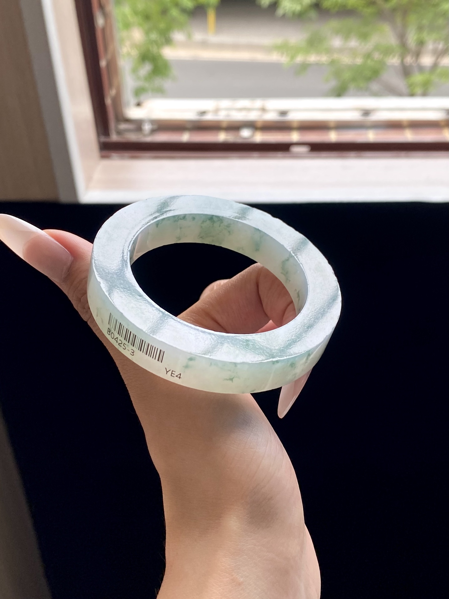 冰绿飘花圆条镯胚，B0425-3，⭕️74-53-12-11，可做53～54圆条