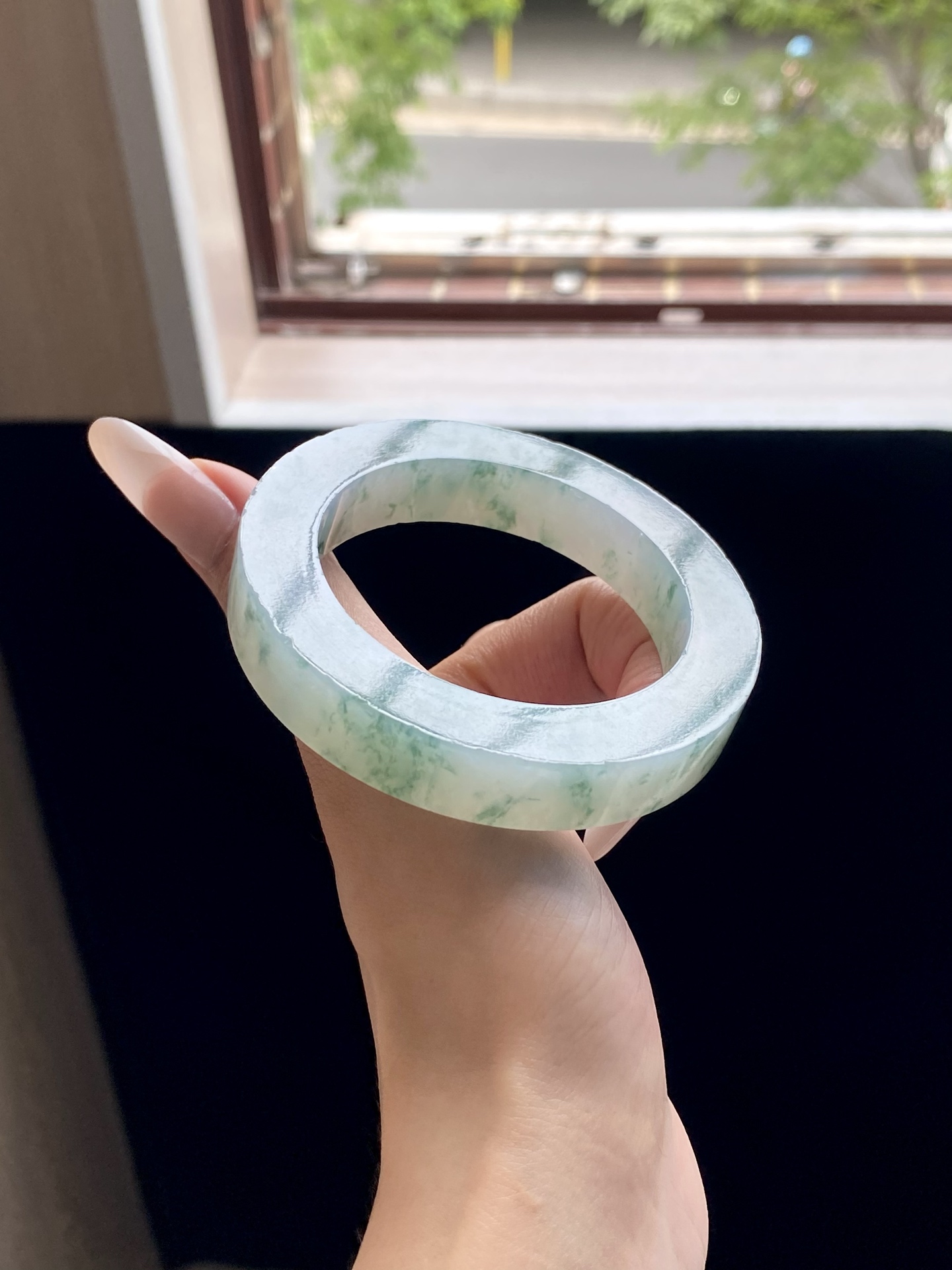 冰绿飘花圆条镯胚，B0425-3，⭕️74-53-12-11，可做53～54圆条