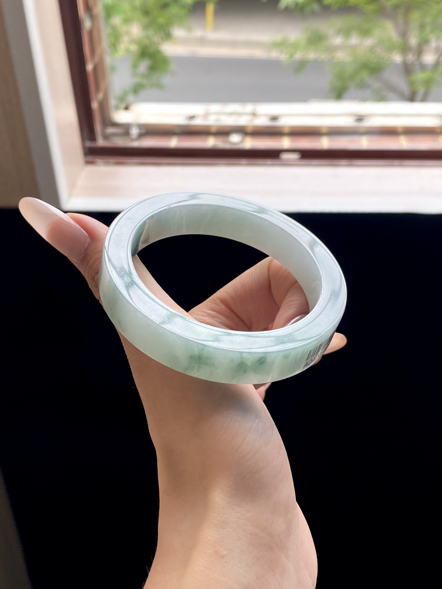 冰蓝飘花镯胚，A0420-10，74-57.5-12.5-8.5，可做57+～58正圈