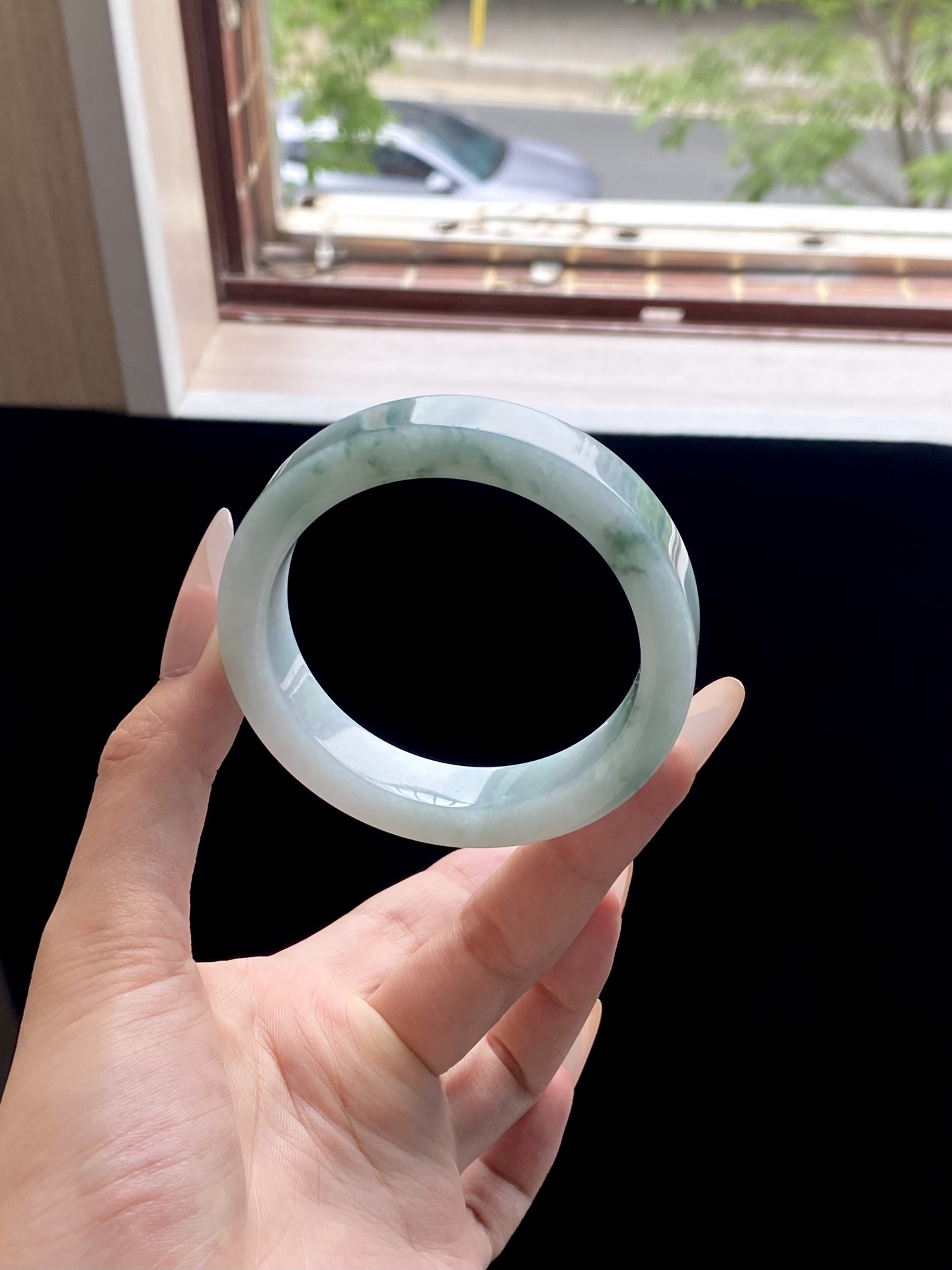 冰蓝飘花镯胚，A0420-10，74-57.5-12.5-8.5，可做57+～58正圈