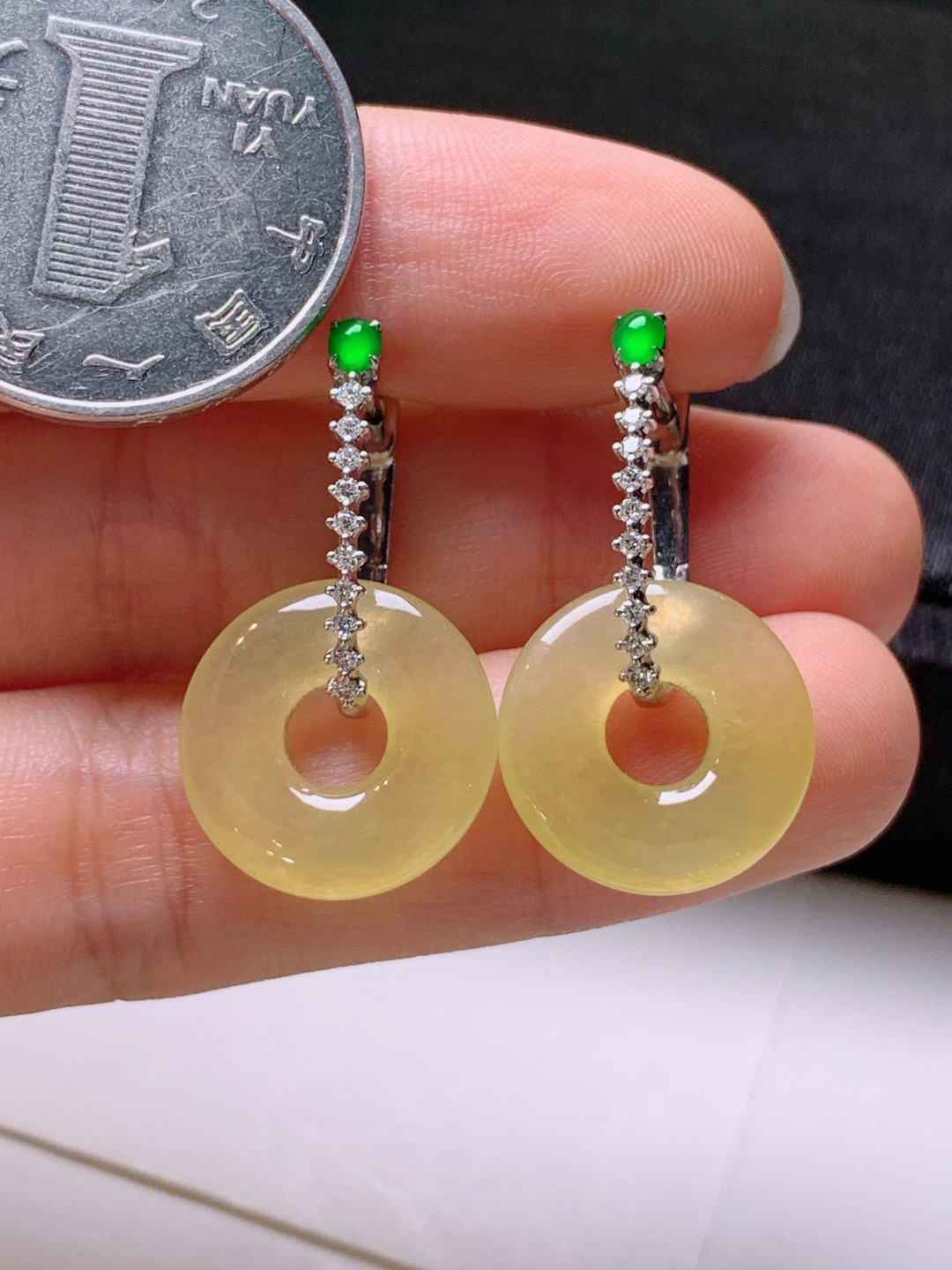 ️ 冰黄翡甜甜圈耳坠，无裂色正，裸石15.5-3.1