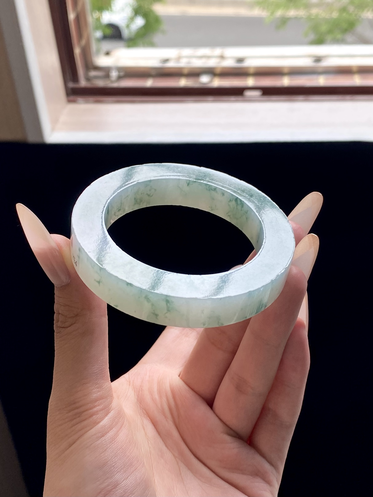 冰绿飘花圆条镯胚，B0425-3，⭕️74-53-12-11，可做53～54圆条