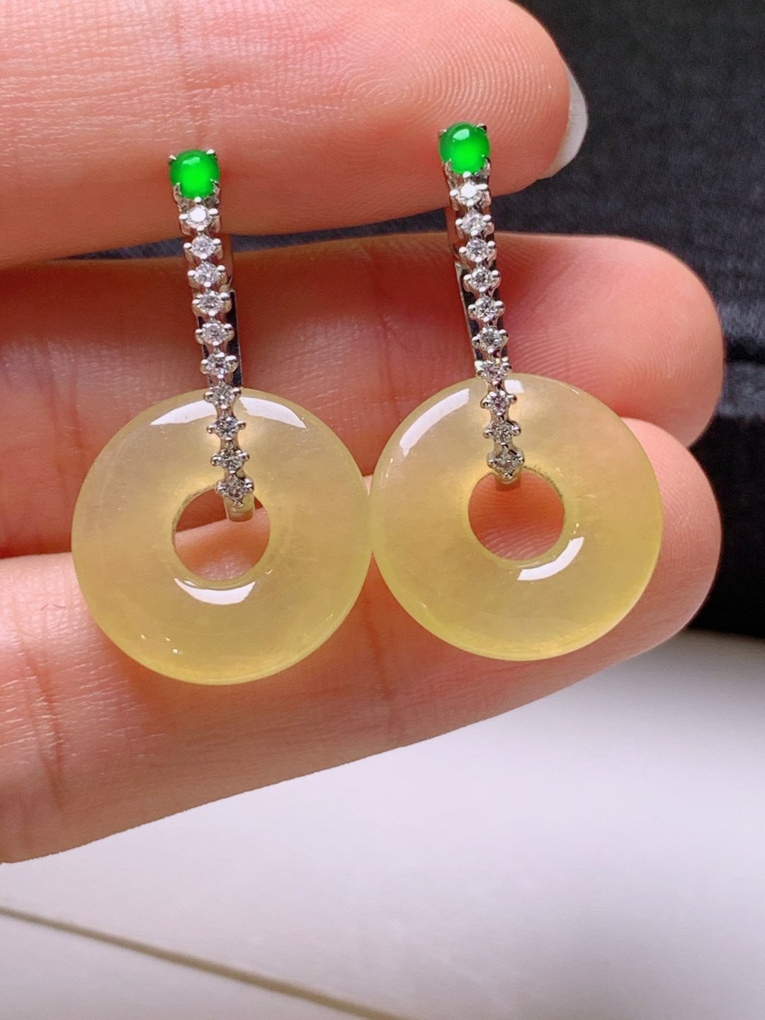 ️ 冰黄翡甜甜圈耳坠，无裂色正，裸石15.5-3.1