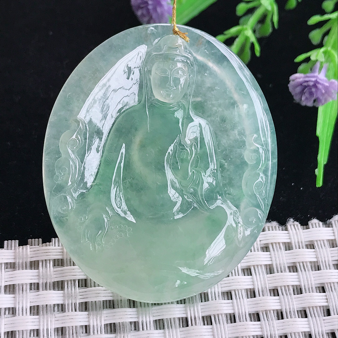 实拍A货翡翠47.5/40/6.3老坑冰胶果冻冰晴绿赐福观音吊坠翡翠玉观音挂件