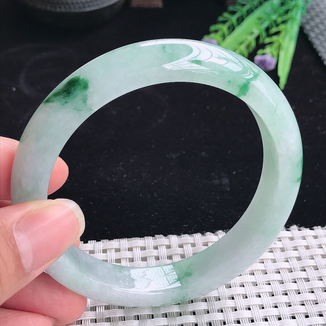 实拍A货翡翠62/12.9/8.8大圈口老坑冰胶冰飘花手镯翡翠玉镯平安镯