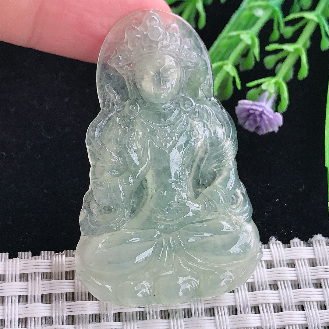 实拍A货翡翠52.8/34/4.8老坑冰胶冰晴绿度母菩萨吊坠翡翠玉坠挂件