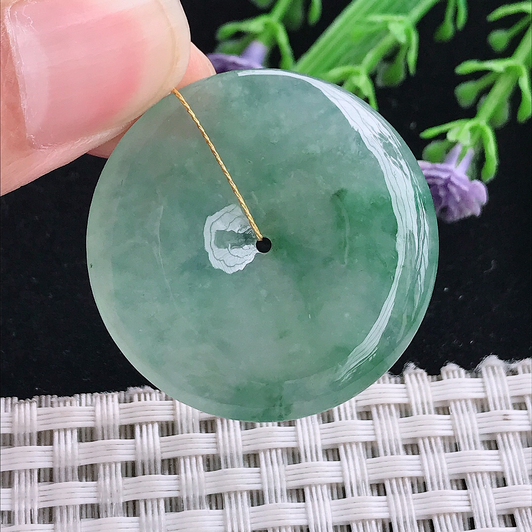 实拍A货翡翠33.3/5.2老坑冰胶冰晴绿飘花平安扣吊坠翡翠玉扣挂件