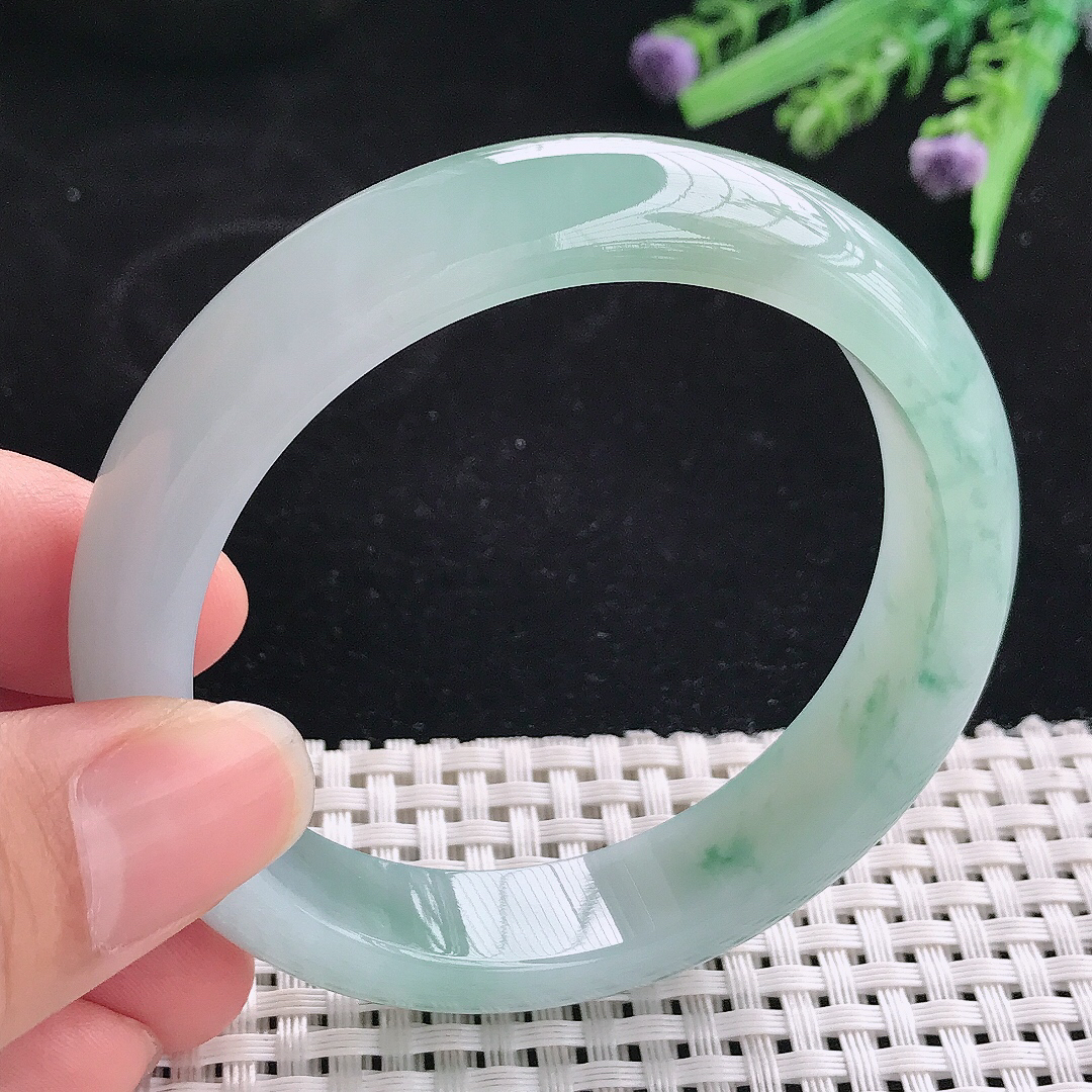 实拍A货翡翠56.5/13/8.2老坑冰胶果冻冰飘花手镯翡翠玉镯平安镯