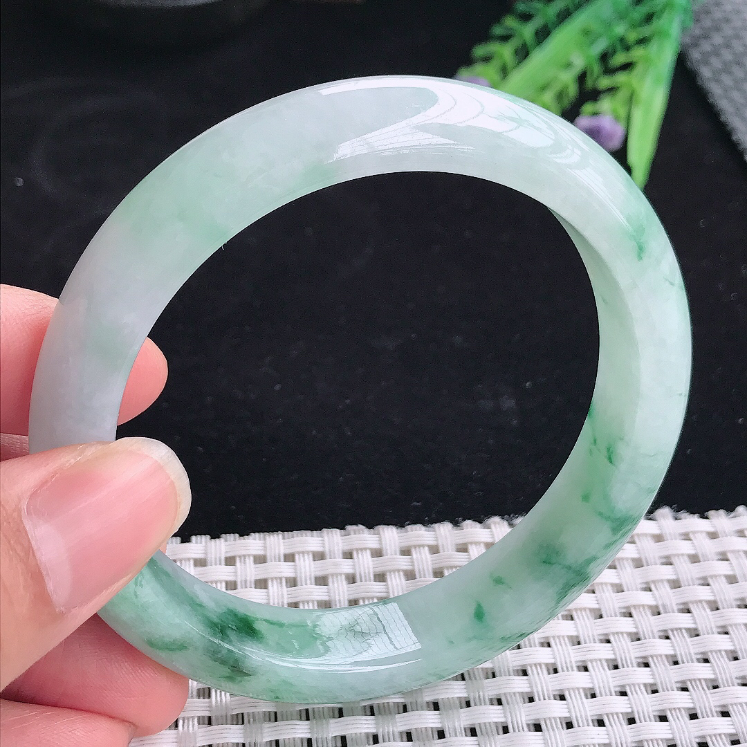 实拍A货翡翠62/12.9/8.8大圈口老坑冰胶冰飘花手镯翡翠玉镯平安镯