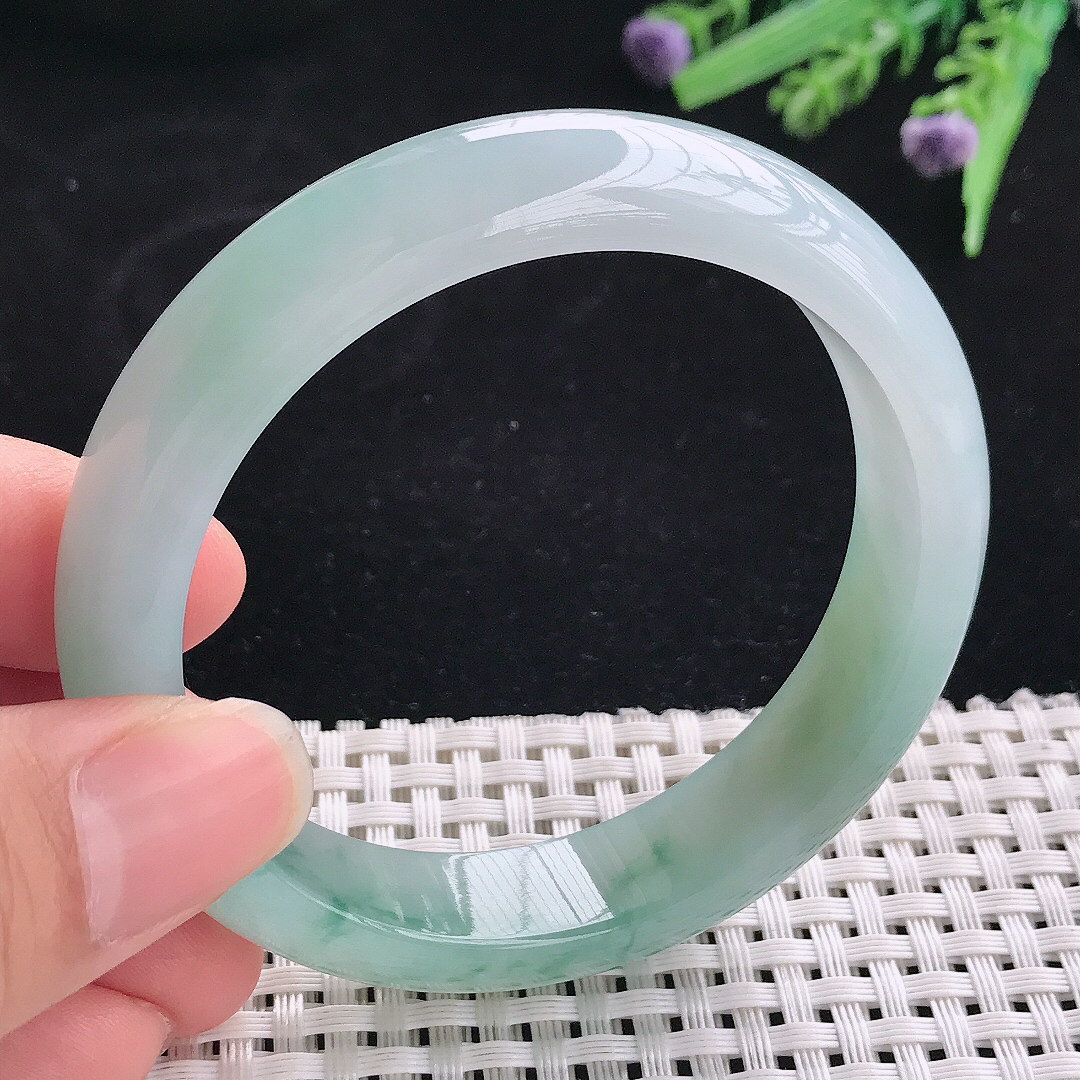 实拍A货翡翠56.5/13/8.2老坑冰胶果冻冰飘花手镯翡翠玉镯平安镯