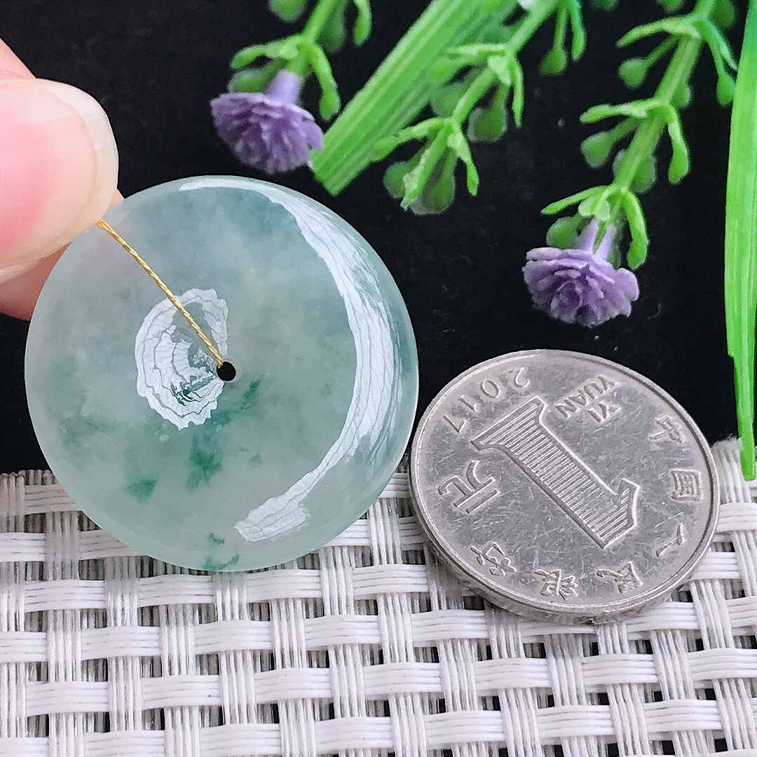 实拍A货翡翠30.6/5.4老坑冰胶飘花平安扣吊坠翡翠玉扣挂件