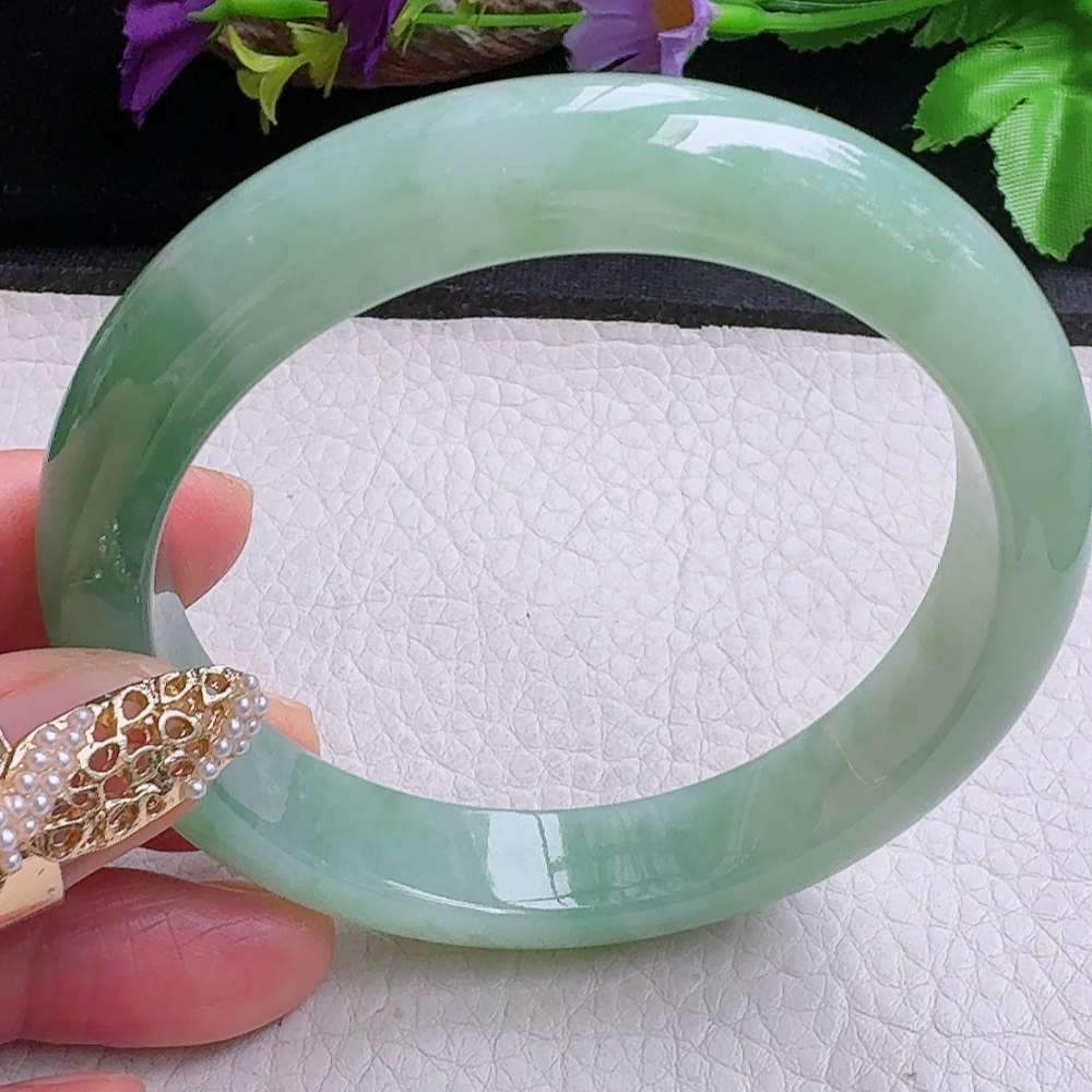 yh大圈口60.5*12.5*8.5平安镯 缅甸翡翠a货手镯冰晴绿正圈玉镯子