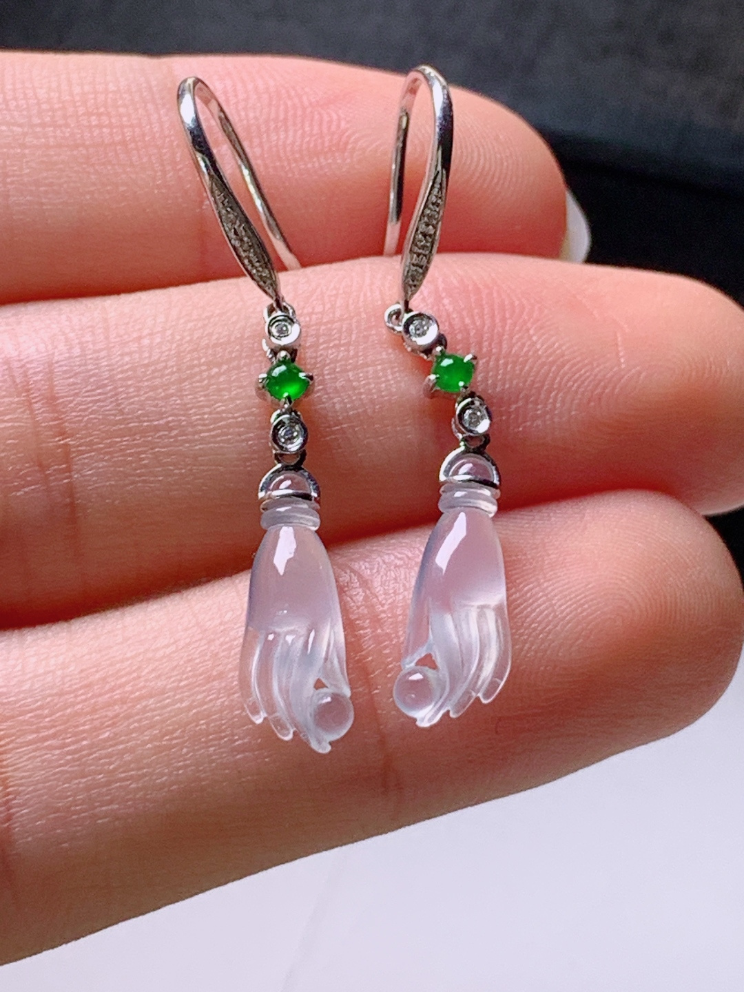 冰种佛手耳坠，无裂通透起光，裸石13.4/5.6/2.7