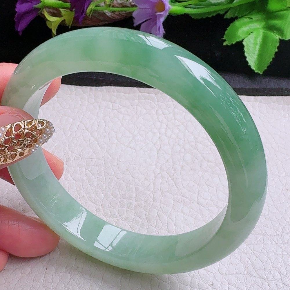 yh大圈口60.5*12.5*8.5平安镯 缅甸翡翠a货手镯冰晴绿正圈玉镯子