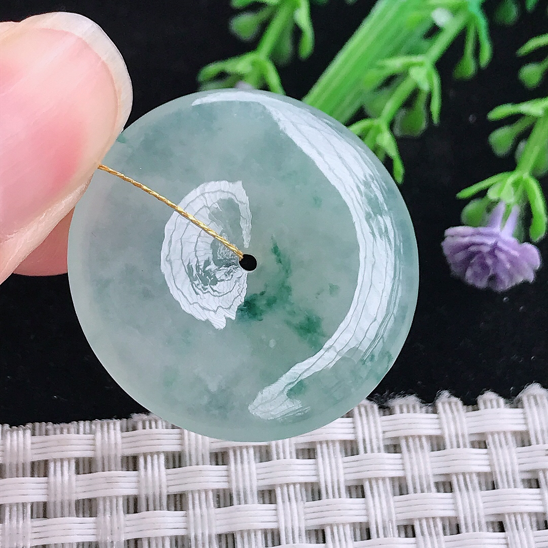 实拍A货翡翠30.6/5.4老坑冰胶飘花平安扣吊坠翡翠玉扣挂件