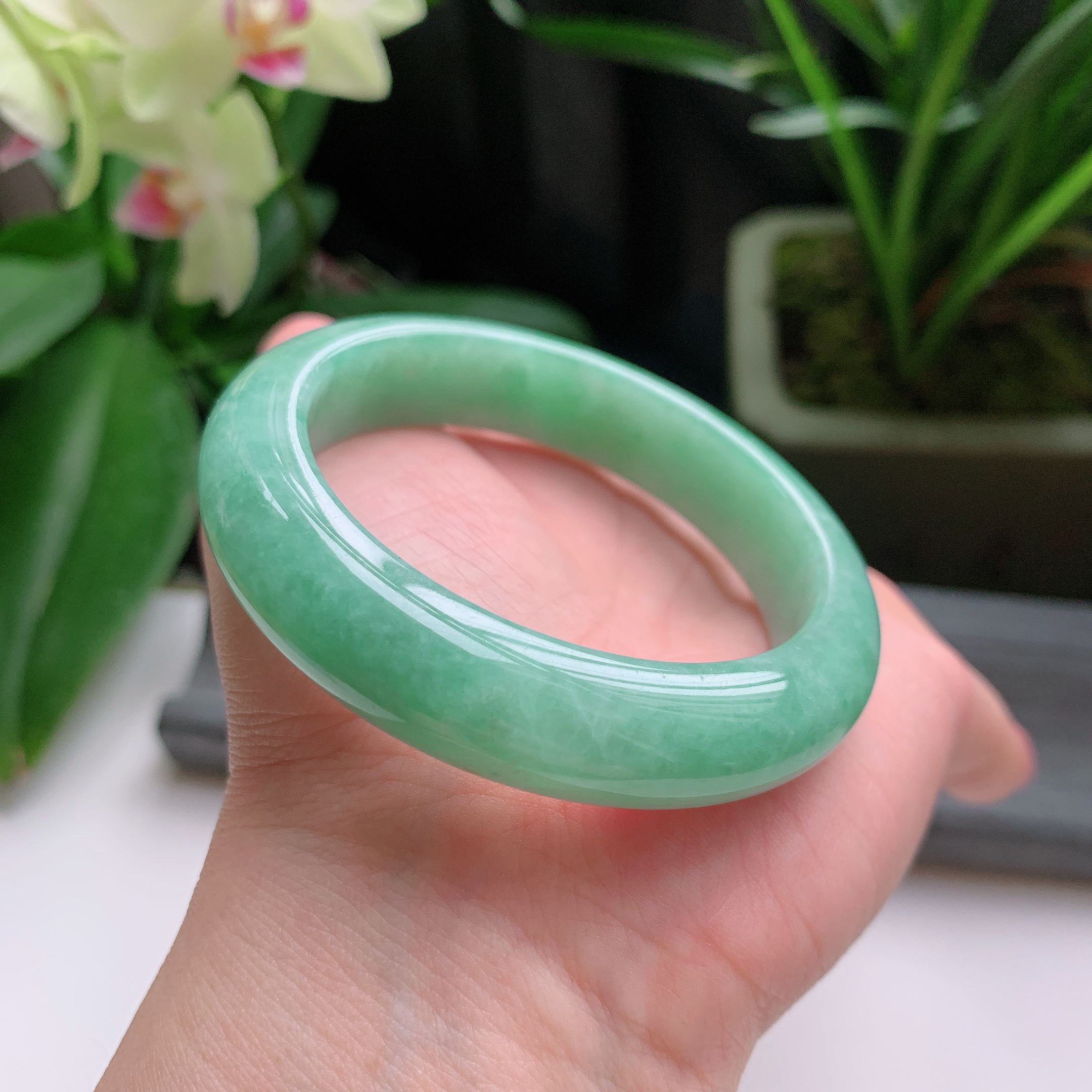 正圈53圈口，天然A货翡翠冰糯种水润满色果绿玉手镯，水润秀丽，飘花灵动，种水十足，视觉甜美可人，恰到好处的美，十分高雅耐看，条形优美，上手优雅大方。62.10